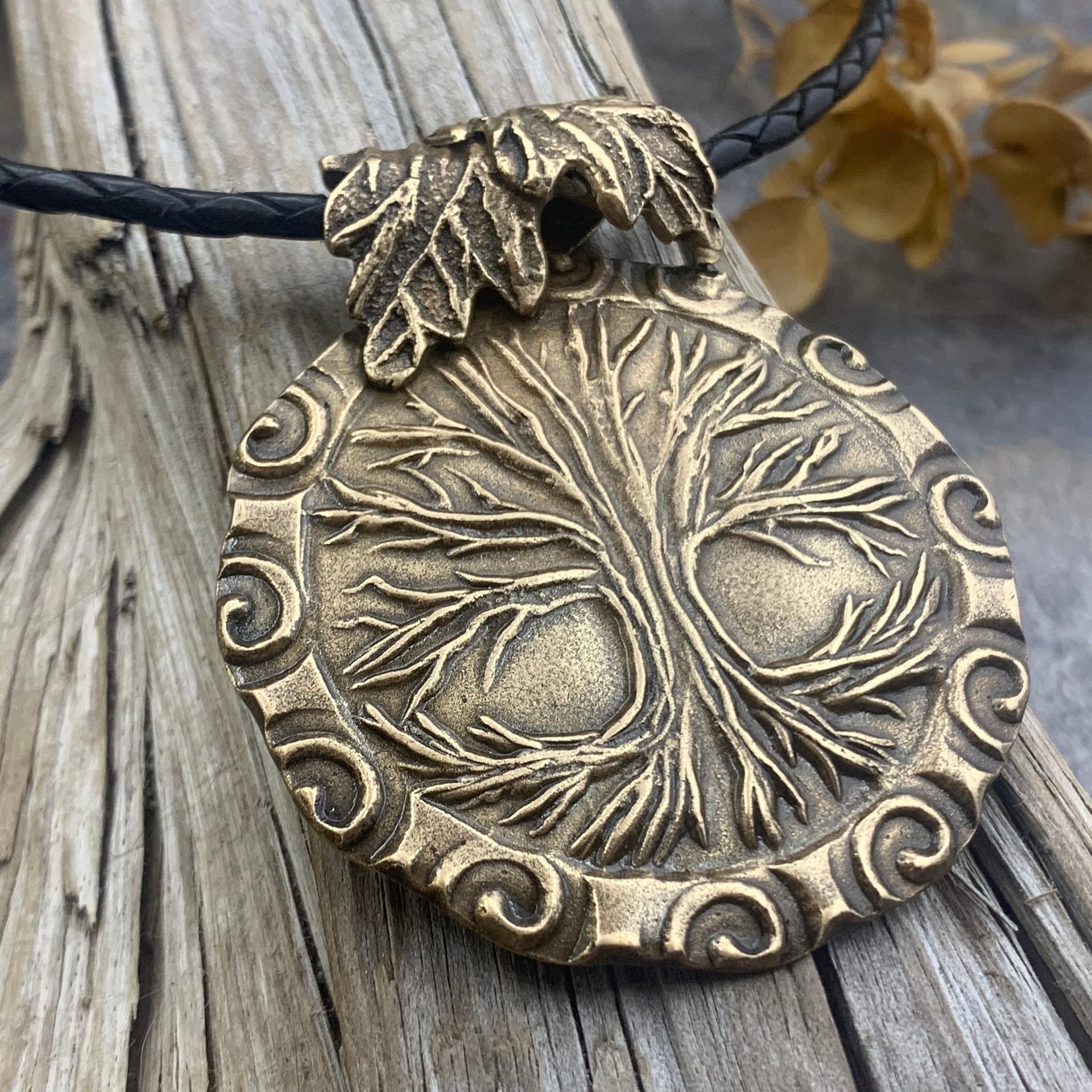Celtic Tree of Life, Bronze Pendant, Irish Celtic Spirals, Round Tree of Life, Crann Bethadh, Hand Carved, Green Witch, Leather & Vegan Cord