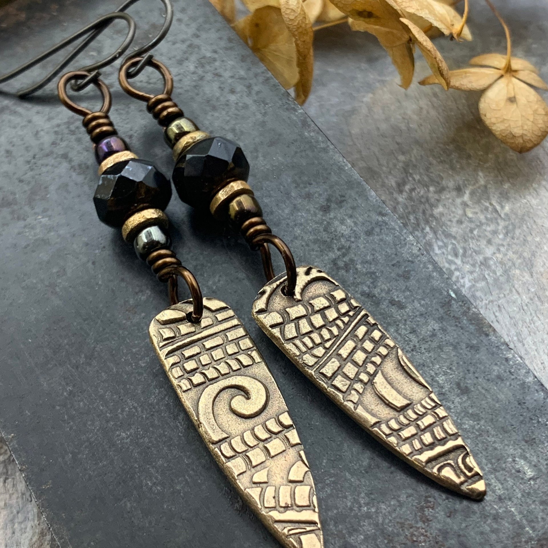 Bronze Dagger Earrings, Tribal Spiral Texture, Czech Glass Beads, Hypoallergenic Ear Wires, Light Dangle Earrings, Teardrop Shield, Handmade