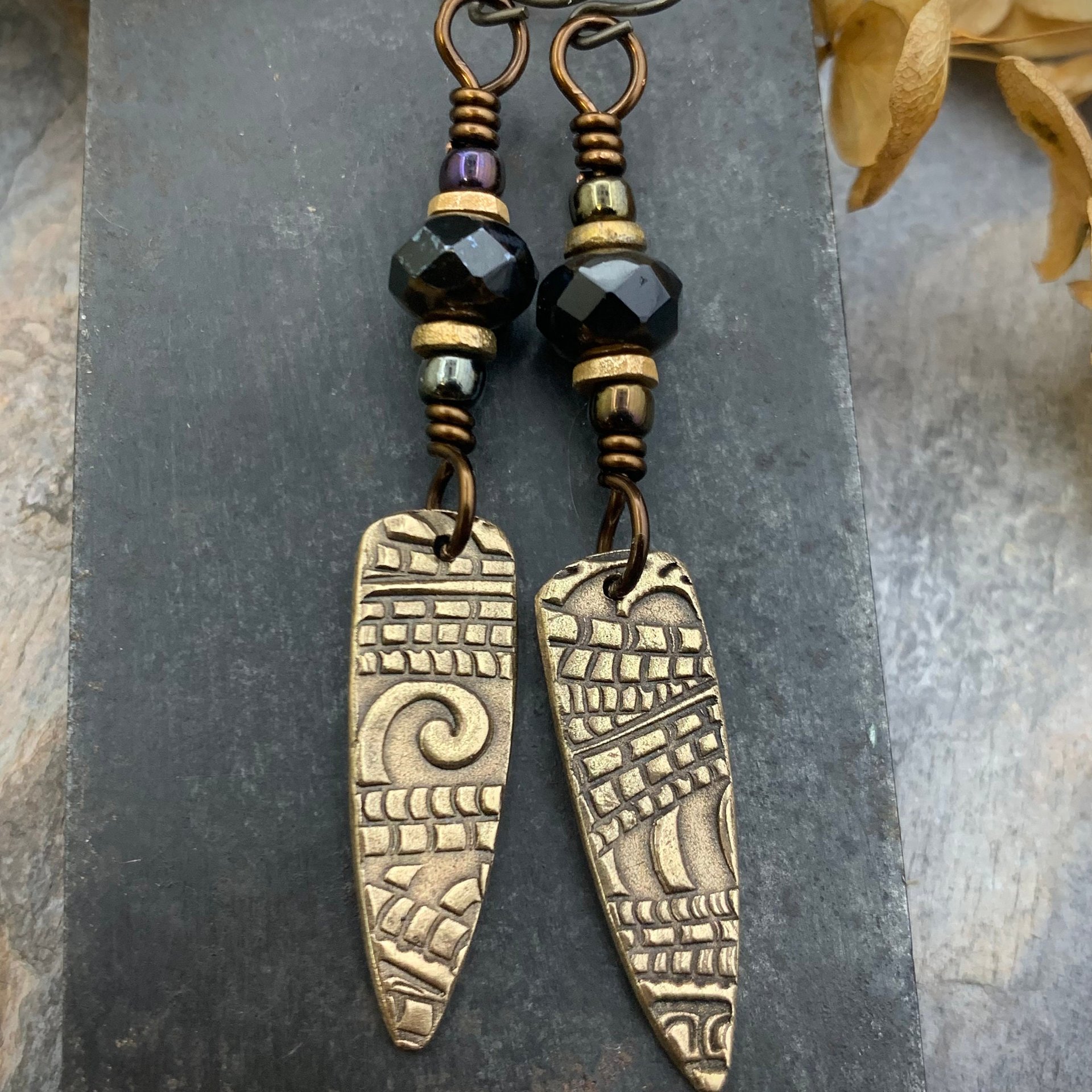 Bronze Dagger Earrings, Tribal Spiral Texture, Czech Glass Beads, Hypoallergenic Ear Wires, Light Dangle Earrings, Teardrop Shield, Handmade