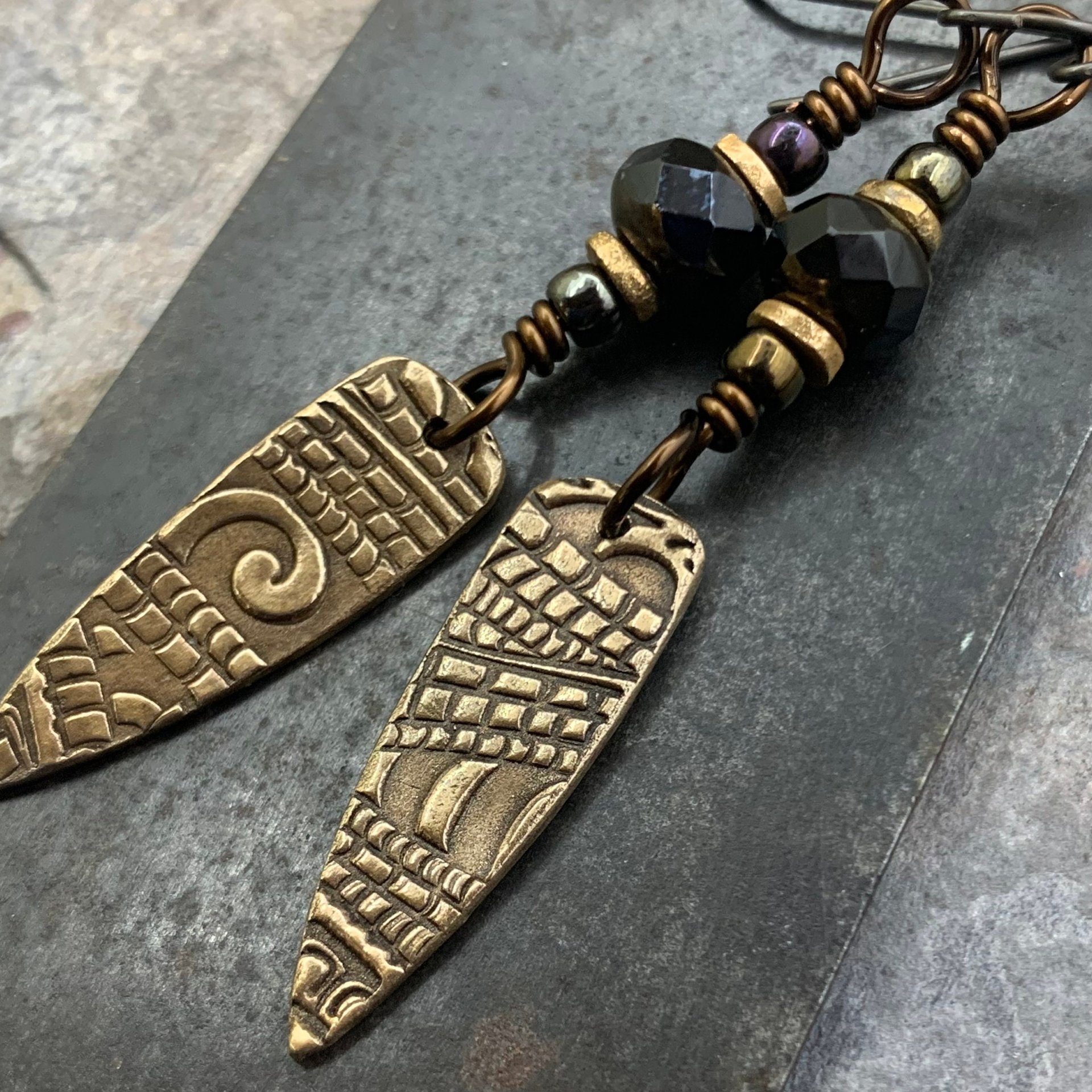 Bronze Dagger Earrings, Tribal Spiral Texture, Czech Glass Beads, Hypoallergenic Ear Wires, Light Dangle Earrings, Teardrop Shield, Handmade