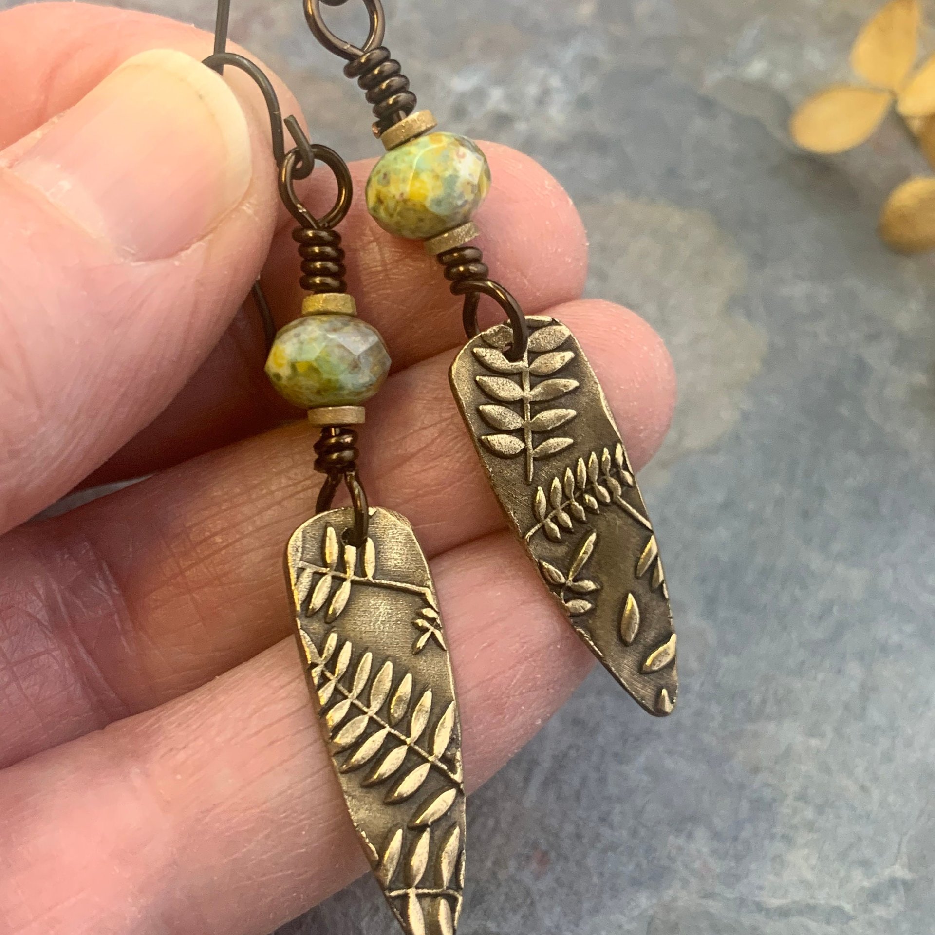 Fern Bronze Earrings, Teardrop Shield, Botanical Earthy, Green Witch, Hypoallergenic Ear Wires, Green Czech Glass, Handmade Art Jewelry