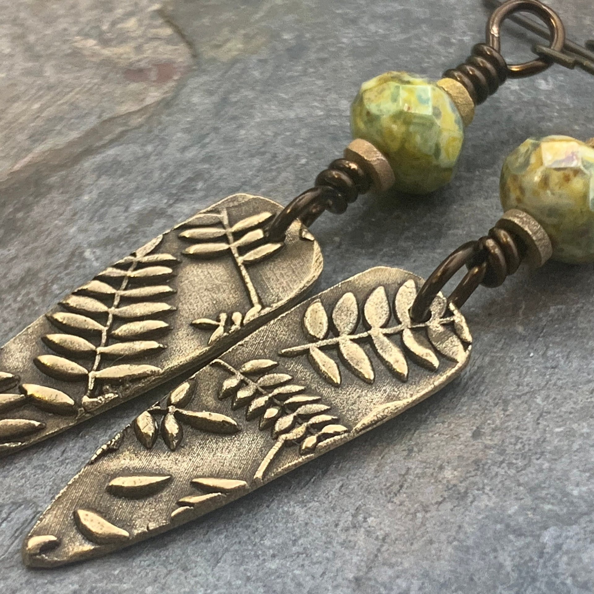 Fern Bronze Earrings, Teardrop Shield, Botanical Earthy, Green Witch, Hypoallergenic Ear Wires, Green Czech Glass, Handmade Art Jewelry