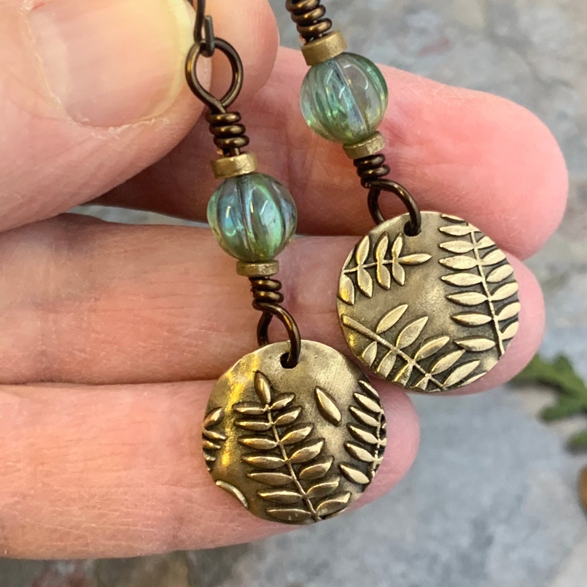 Fern Bronze Earrings, Light Dangle Earrings, Earthy Czech Glass Beads, Hypoallergenic Ear Wires, Botanical Green Witch, Soul Harbor Jewelry