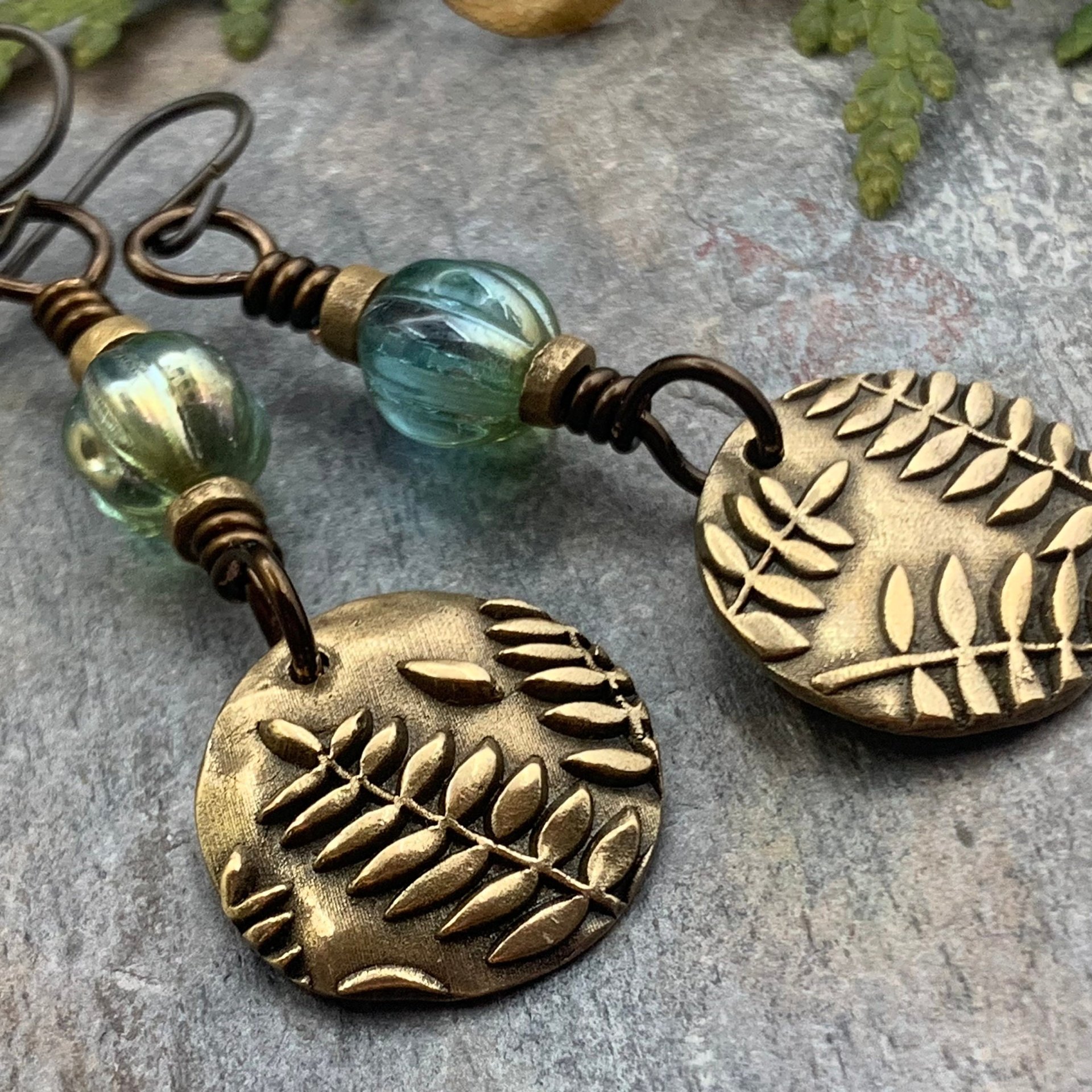 Fern Bronze Earrings, Light Dangle Earrings, Earthy Czech Glass Beads, Hypoallergenic Ear Wires, Botanical Green Witch, Soul Harbor Jewelry