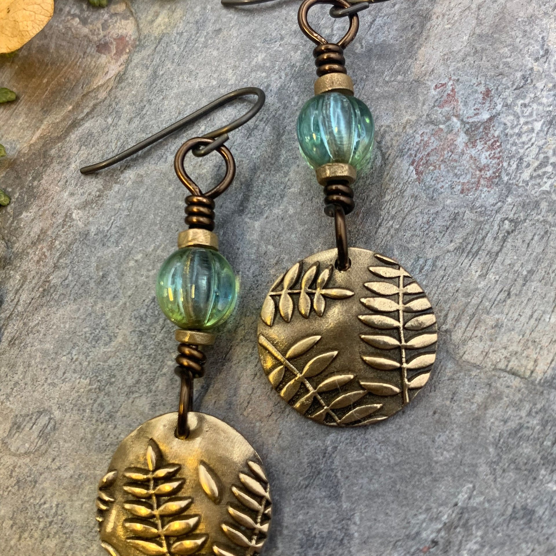 Fern Bronze Earrings, Light Dangle Earrings, Earthy Czech Glass Beads, Hypoallergenic Ear Wires, Botanical Green Witch, Soul Harbor Jewelry