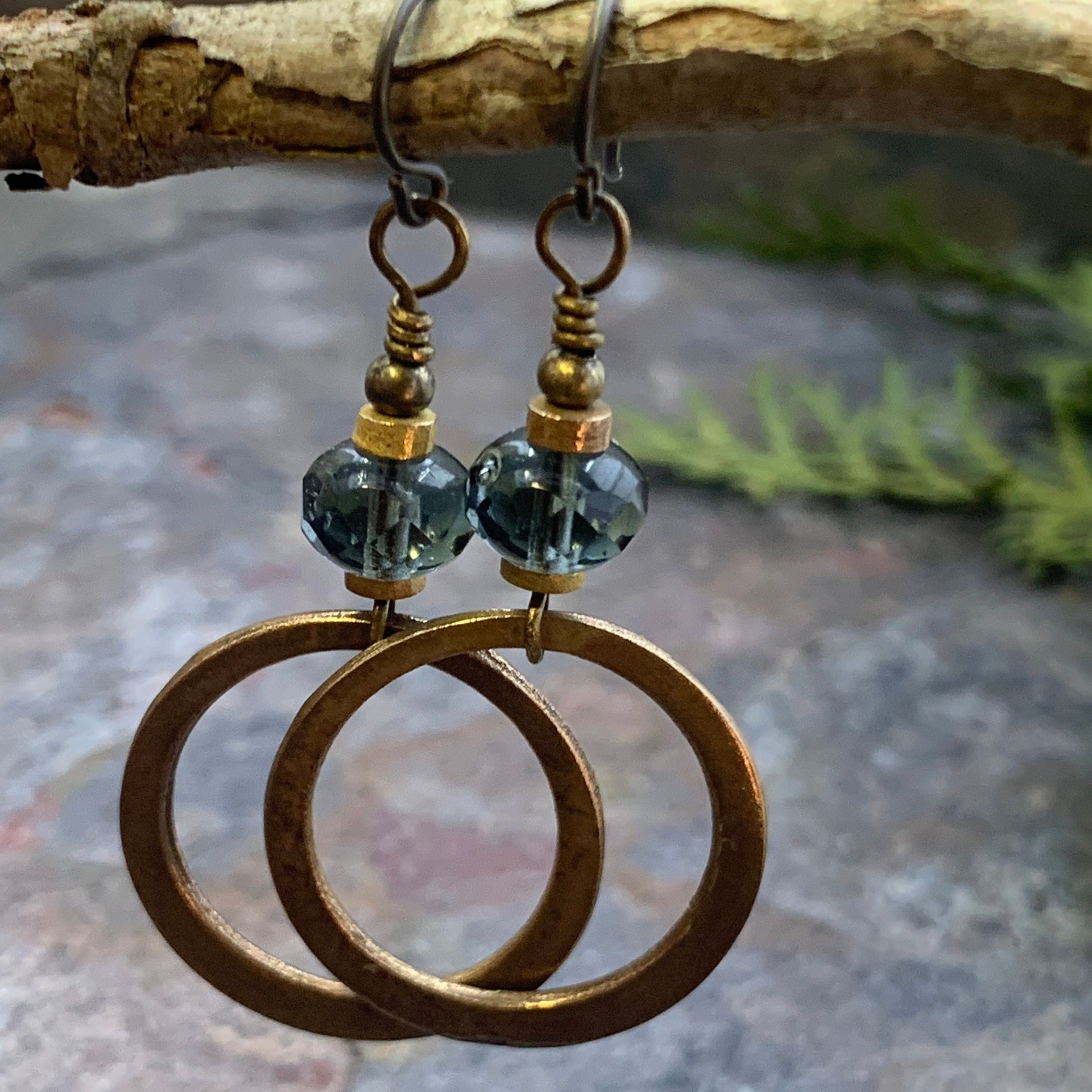 Bronze Hoop Earrings, Midnight Blue Czech Glass, Hypoallergenic Ear Wires, Earthy Boho Jewelry, Light Dangly Hoops, Every Day Earrings