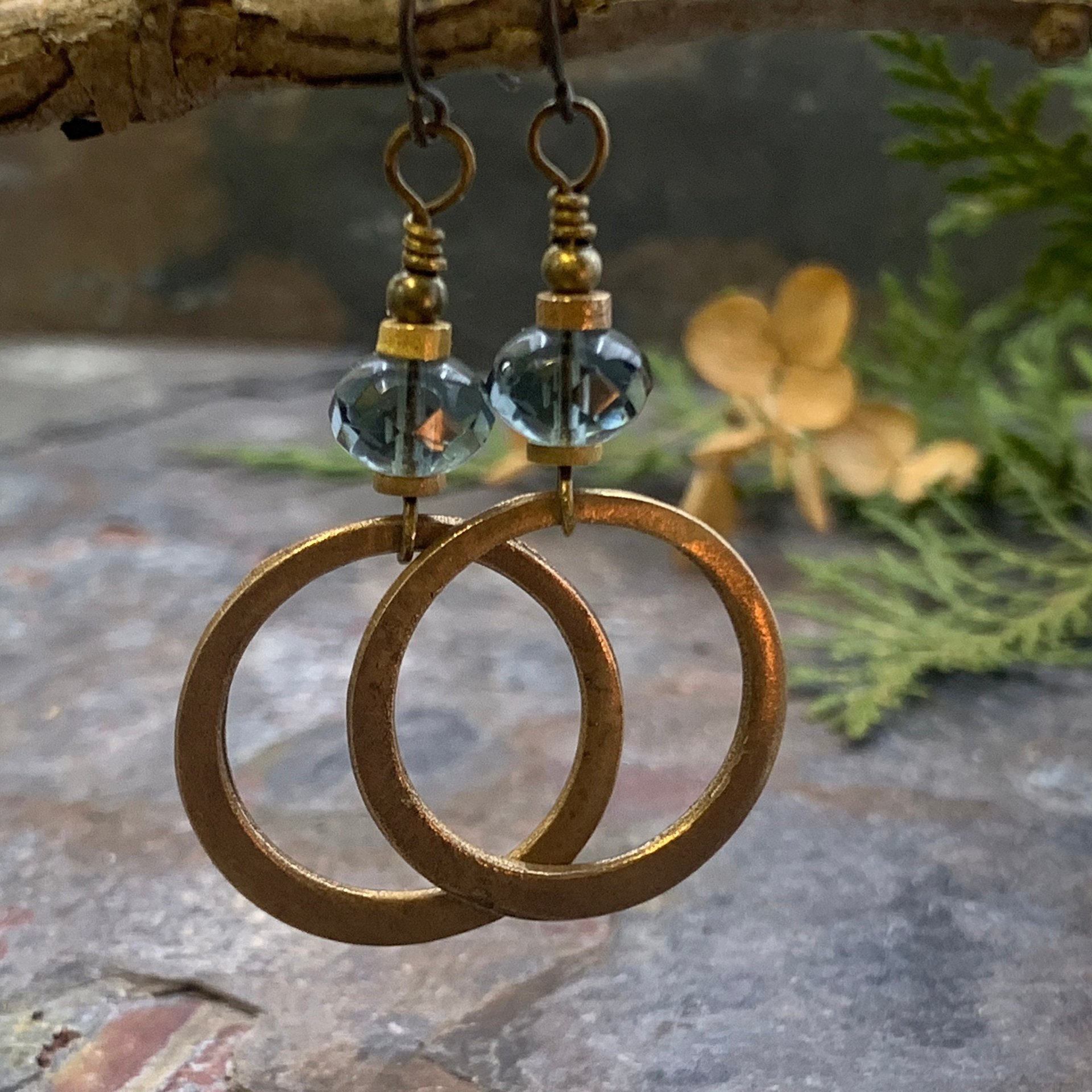 Bronze Hoop Earrings, Midnight Blue Czech Glass, Hypoallergenic Ear Wires, Earthy Boho Jewelry, Light Dangly Hoops, Every Day Earrings