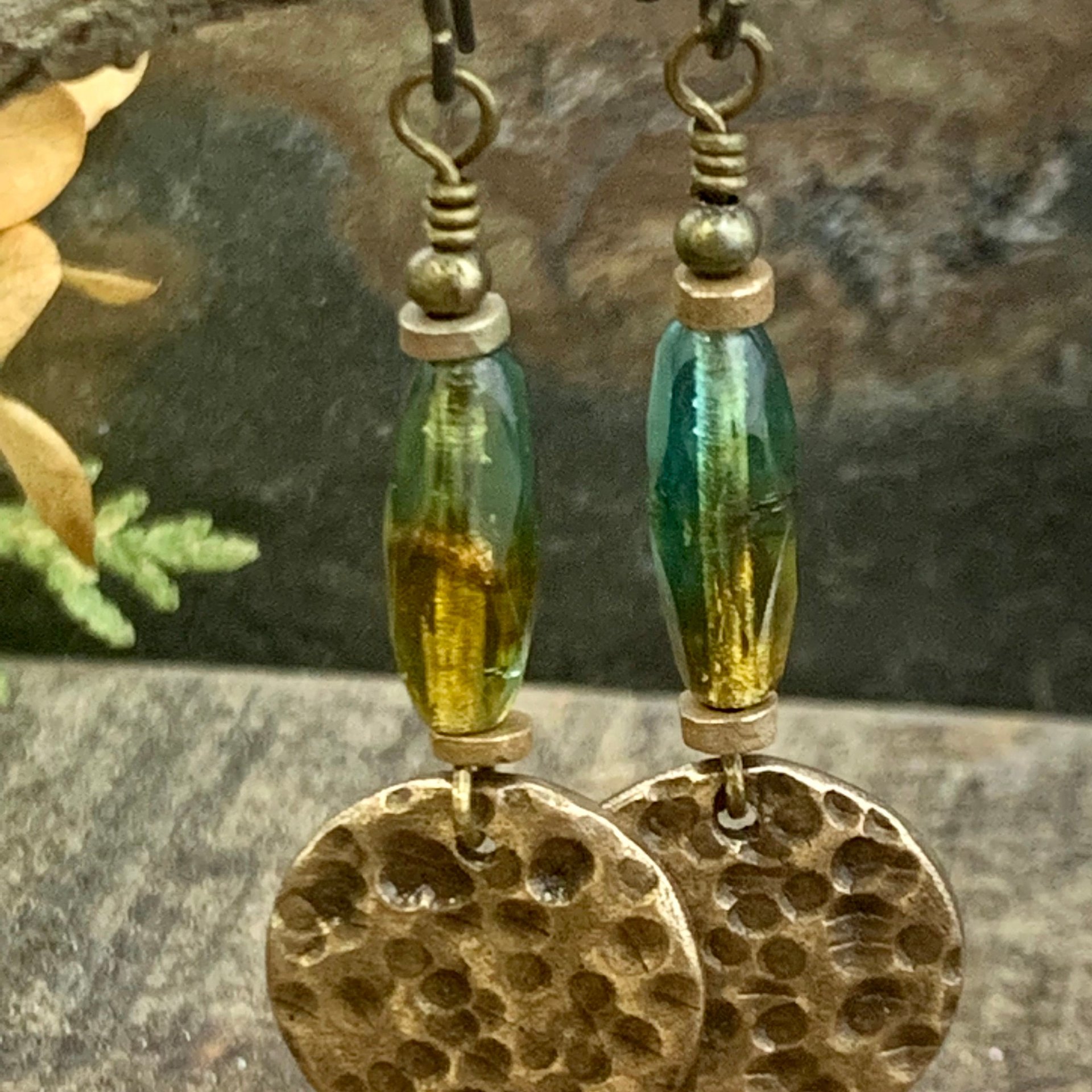Bronze Disc Earrings, Czech Glass Beads, Hypoallergenic Ear Wires, Earthy Tribal, Boho Chic Style, Dangle Discs, Handmade Metal Jewelry