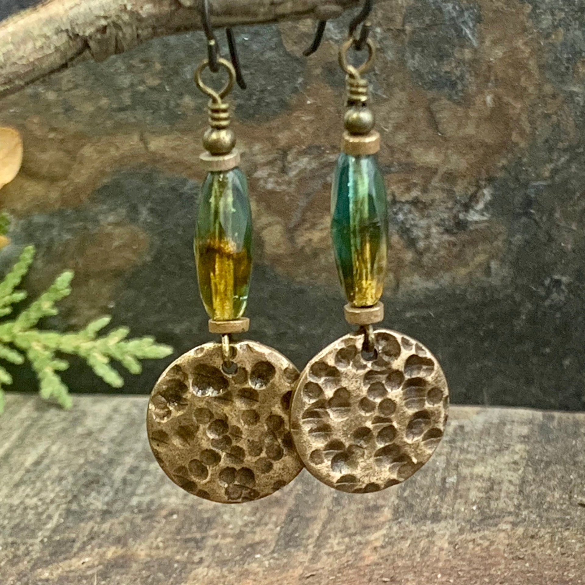 Bronze Disc Earrings, Czech Glass Beads, Hypoallergenic Ear Wires, Earthy Tribal, Boho Chic Style, Dangle Discs, Handmade Metal Jewelry
