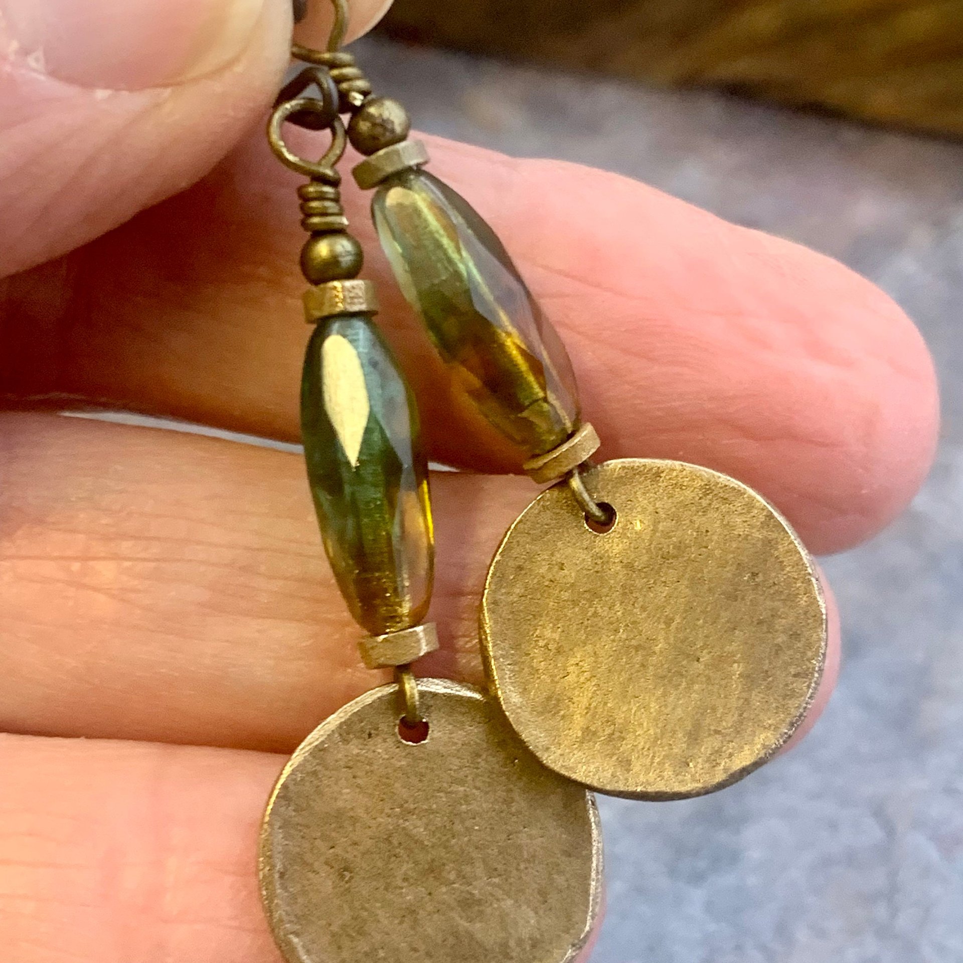 Bronze Disc Earrings, Czech Glass Beads, Hypoallergenic Ear Wires, Earthy Tribal, Boho Chic Style, Dangle Discs, Handmade Metal Jewelry