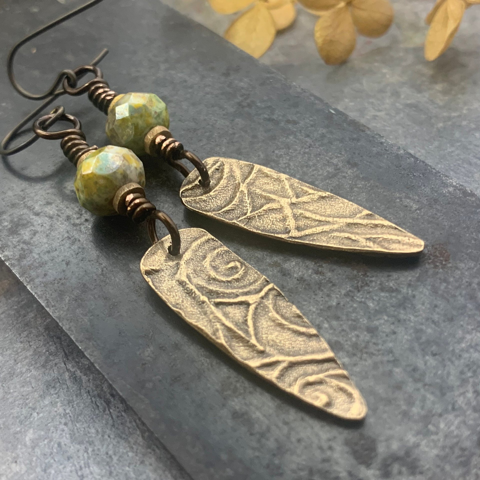 Fern Bronze Earrings, Teardrop Shield, Botanical Earthy, Green Witch, Hypoallergenic Ear Wires, Green Czech Glass, Handmade Art Jewelry