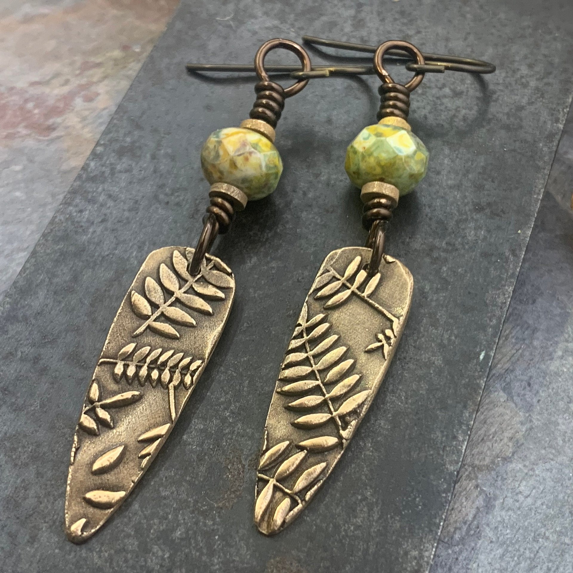 Fern Bronze Earrings, Teardrop Shield, Botanical Earthy, Green Witch, Hypoallergenic Ear Wires, Green Czech Glass, Handmade Art Jewelry