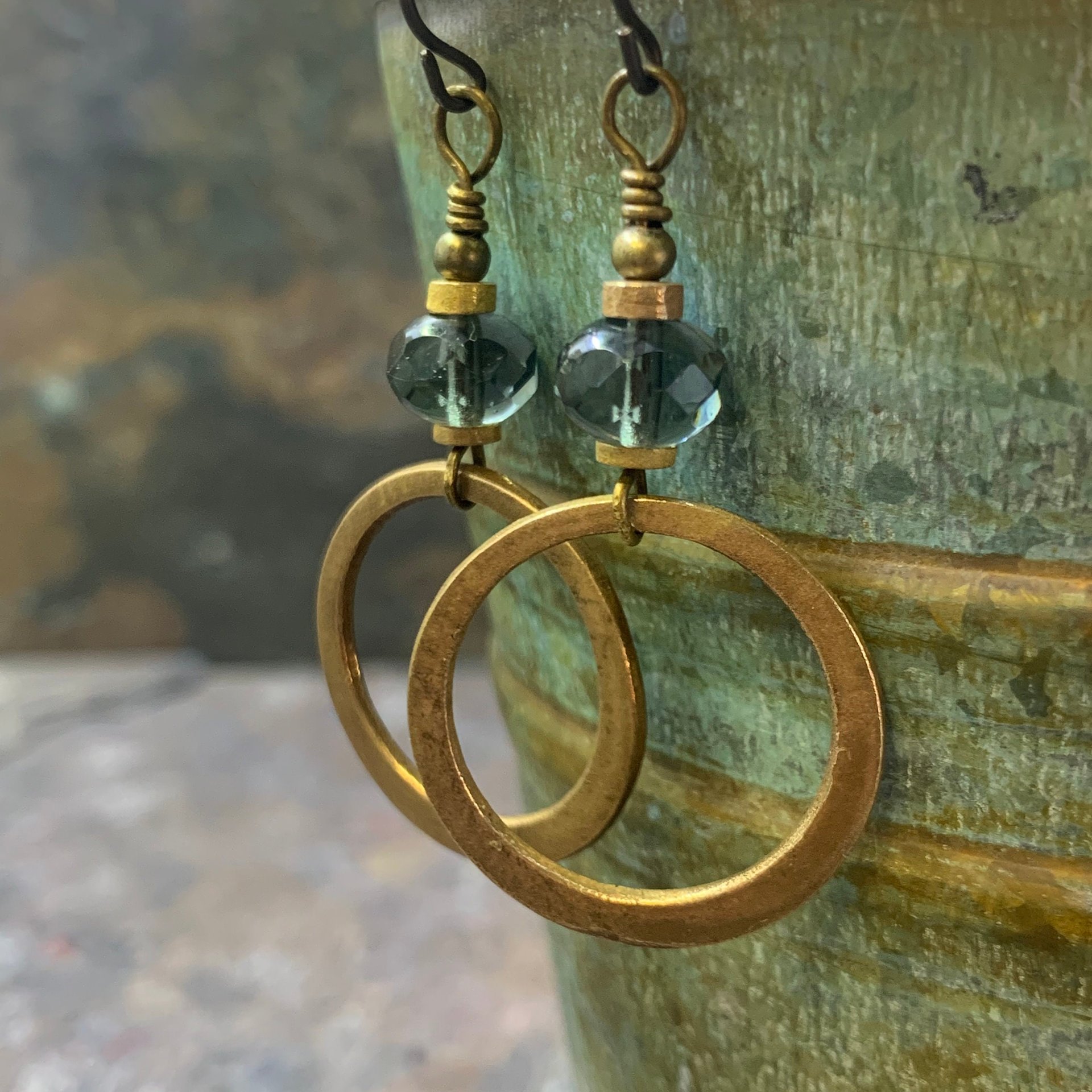 Bronze Hoop Earrings, Midnight Blue Czech Glass, Hypoallergenic Ear Wires, Earthy Boho Jewelry, Light Dangly Hoops, Every Day Earrings