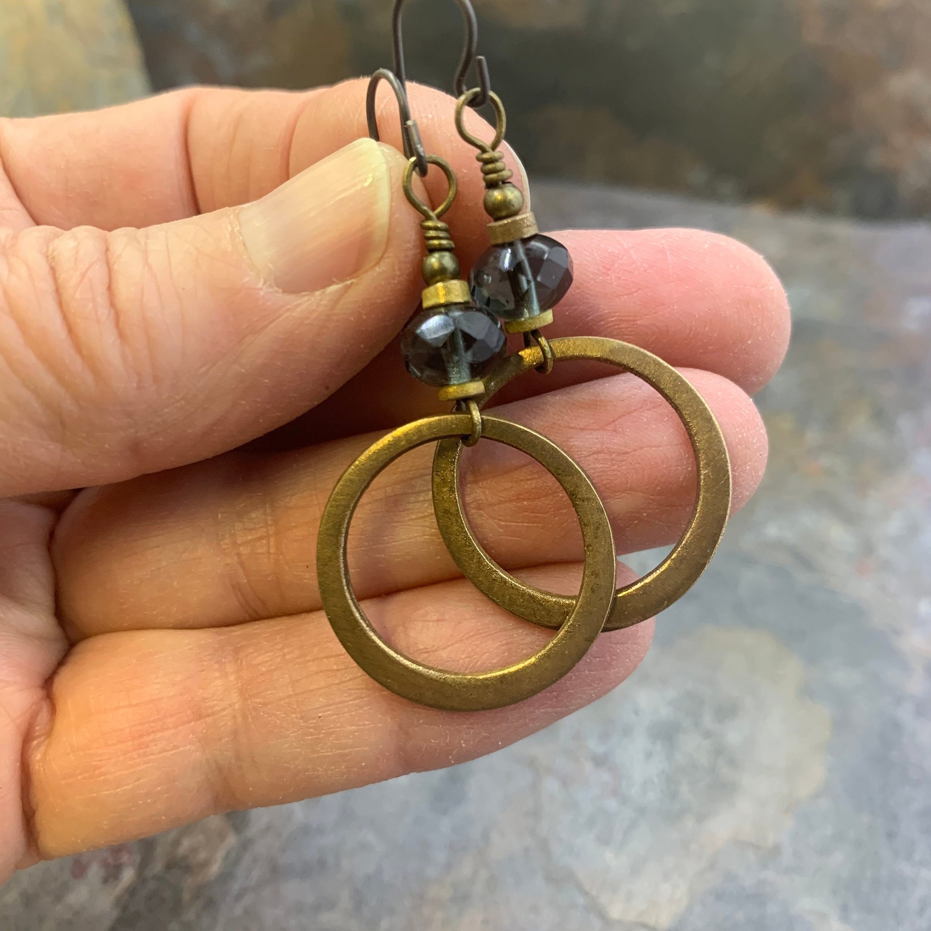 Bronze Hoop Earrings, Midnight Blue Czech Glass, Hypoallergenic Ear Wires, Earthy Boho Jewelry, Light Dangly Hoops, Every Day Earrings