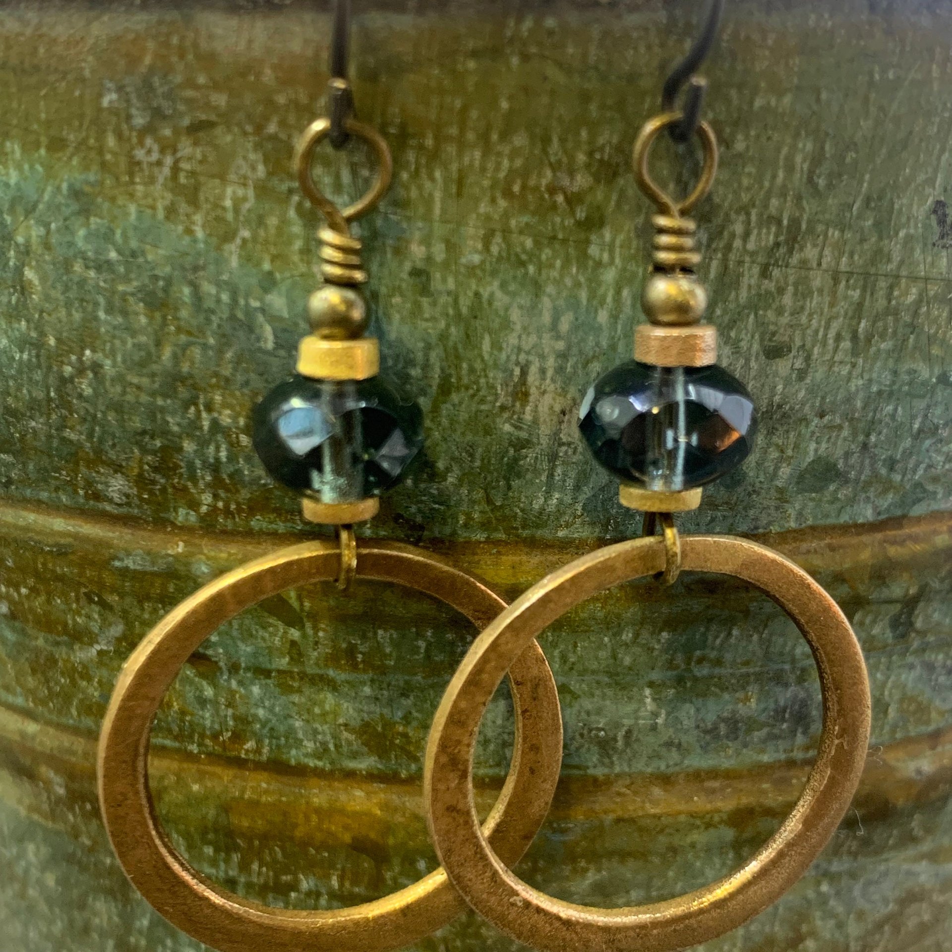 Bronze Hoop Earrings, Midnight Blue Czech Glass, Hypoallergenic Ear Wires, Earthy Boho Jewelry, Light Dangly Hoops, Every Day Earrings