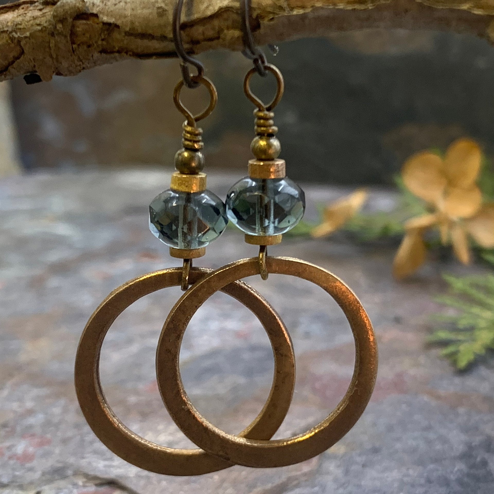 Bronze Hoop Earrings, Midnight Blue Czech Glass, Hypoallergenic Ear Wires, Earthy Boho Jewelry, Light Dangly Hoops, Every Day Earrings