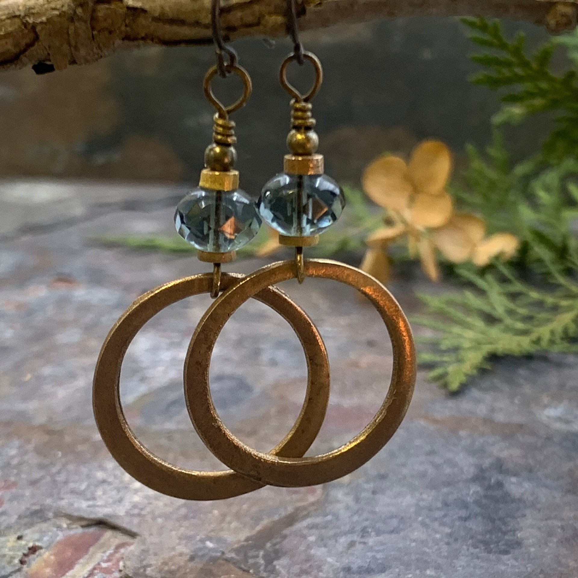 Bronze Hoop Earrings, Midnight Blue Czech Glass, Hypoallergenic Ear Wires, Earthy Boho Jewelry, Light Dangly Hoops, Every Day Earrings