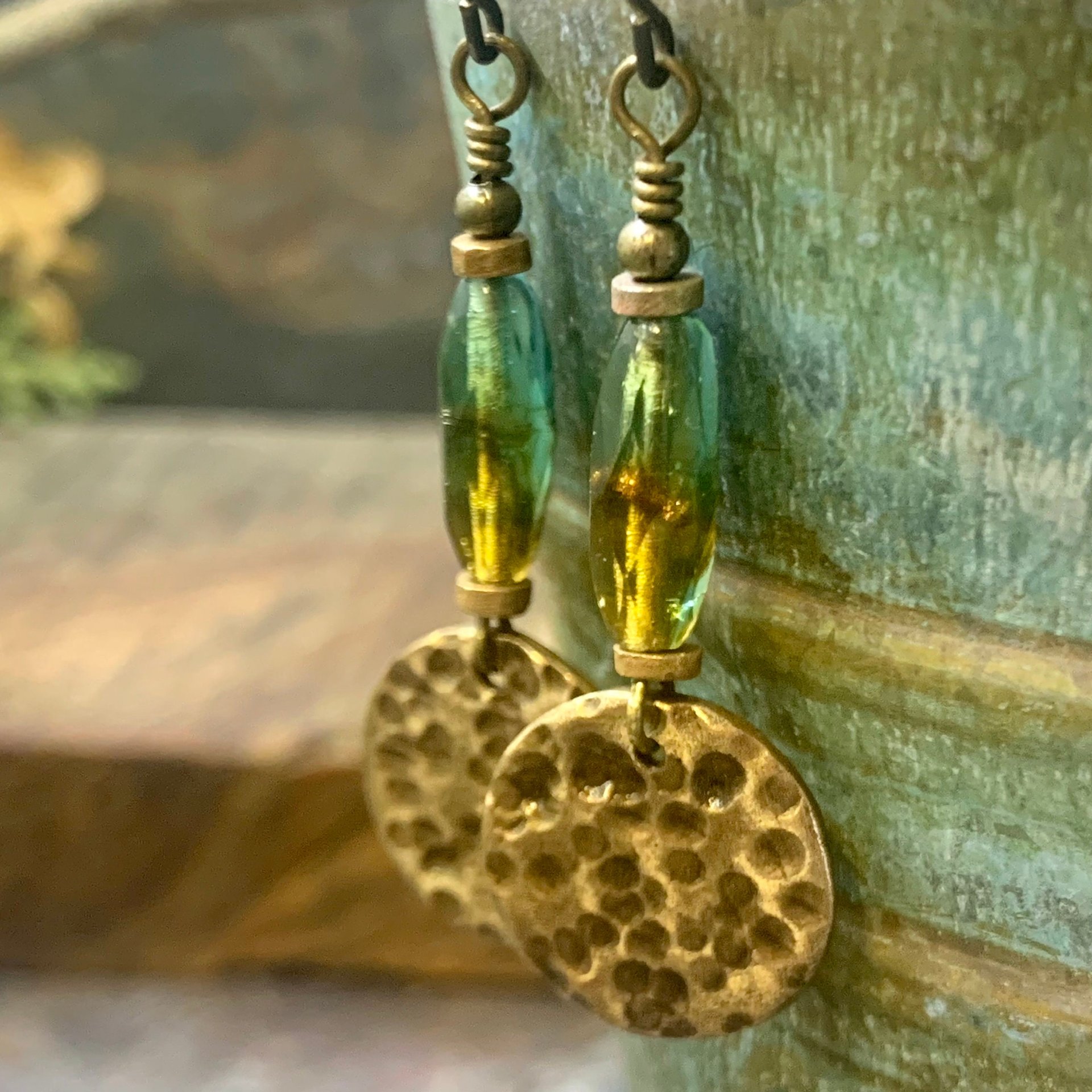 Bronze Disc Earrings, Czech Glass Beads, Hypoallergenic Ear Wires, Earthy Tribal, Boho Chic Style, Dangle Discs, Handmade Metal Jewelry