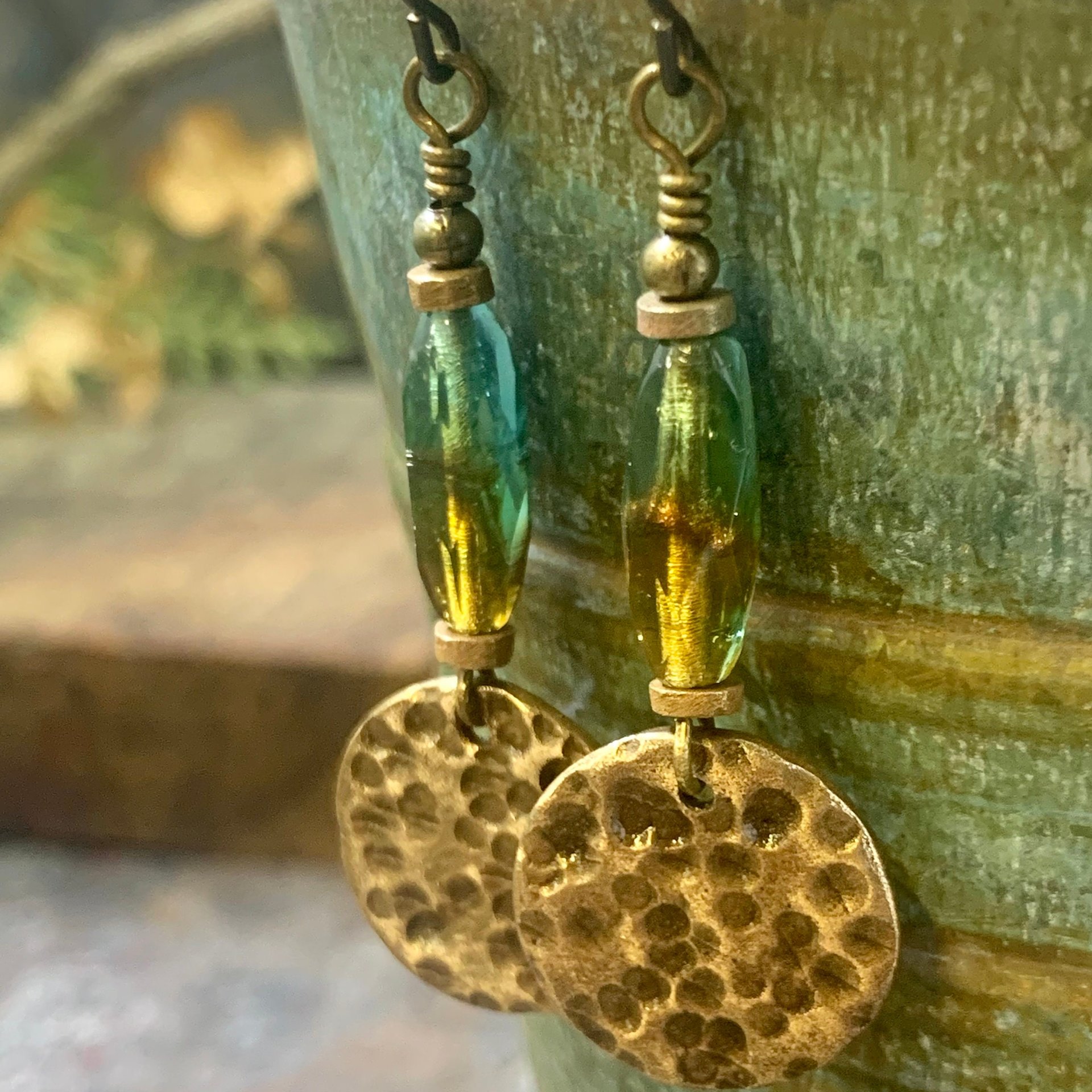 Bronze Disc Earrings, Czech Glass Beads, Hypoallergenic Ear Wires, Earthy Tribal, Boho Chic Style, Dangle Discs, Handmade Metal Jewelry