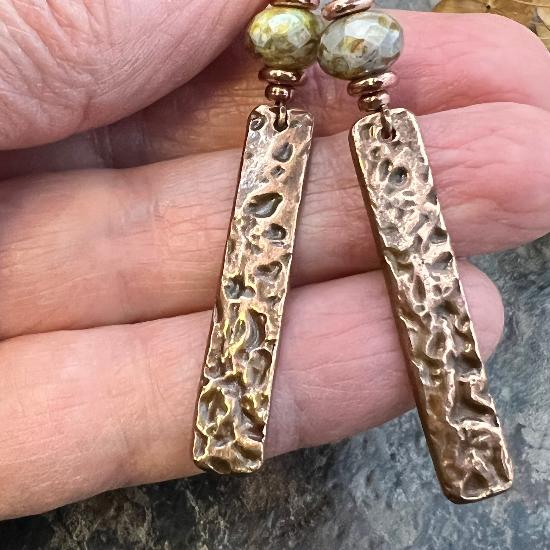 Copper Textured Earrings, Czech Glass Beads, Hypoallergenic Ear Wires, Earthy Rustic, Light Long Skinny Earrings, Boho Earthy Style
