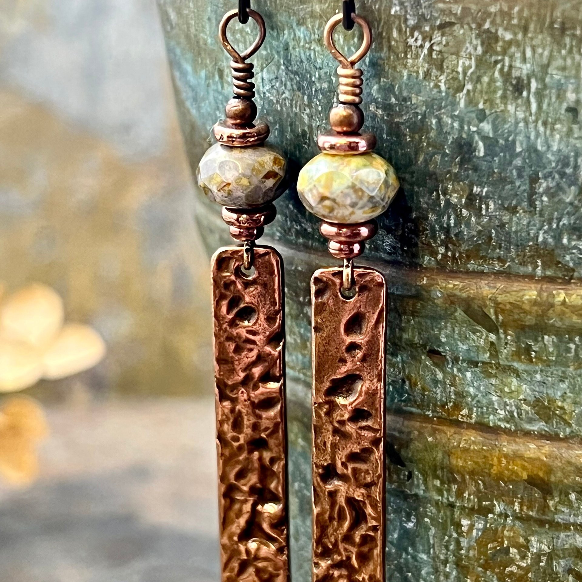 Copper Textured Earrings, Czech Glass Beads, Hypoallergenic Ear Wires, Earthy Rustic, Light Long Skinny Earrings, Boho Earthy Style