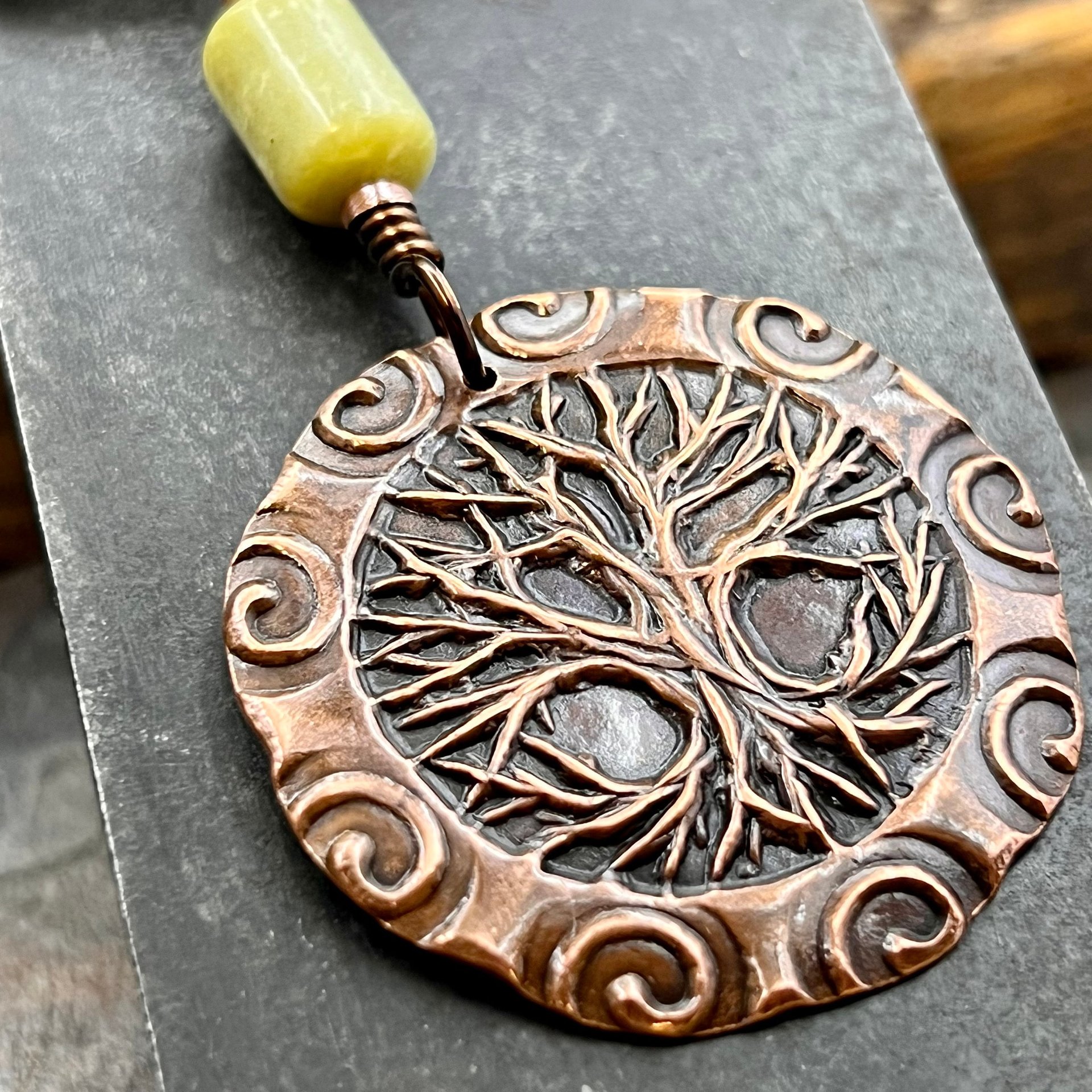 Celtic Tree of Life, Copper Pendant, Connemara Marble, Irish Celtic Spirals, Round Tree of Life, Crann Bethadh, Earthy Organic, Art Jewelry