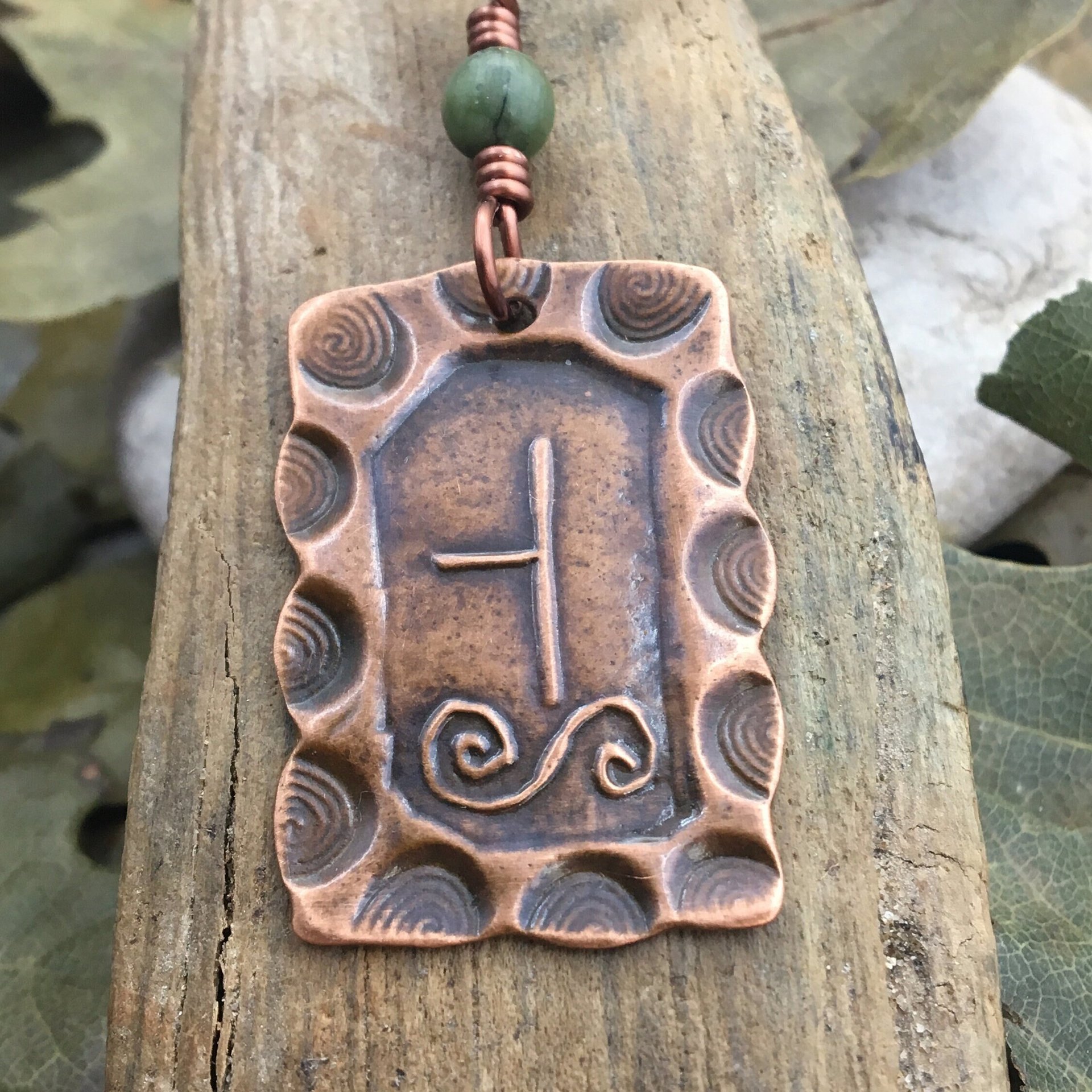 Hawthorn Tree Ogham Charm, Copper Pendant, Connemara Marble, Celtic Tree Astrology, Hand Carved Art, Irish Gaelic Spirals, May 13 – June 9