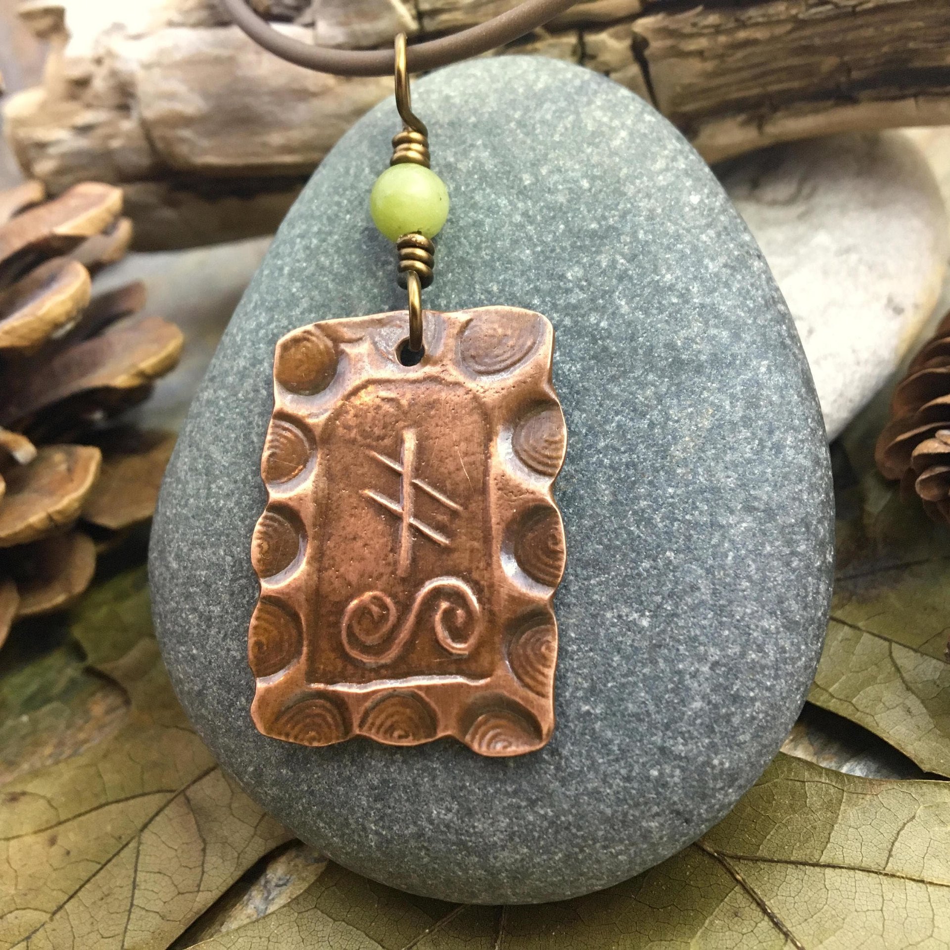 Ivy Ogham Charm, Copper Pendant, Connemara Marble, Celtic Tree Astrology, Hand Carved Art, Leather & Vegan Cords, September 30 – October 27