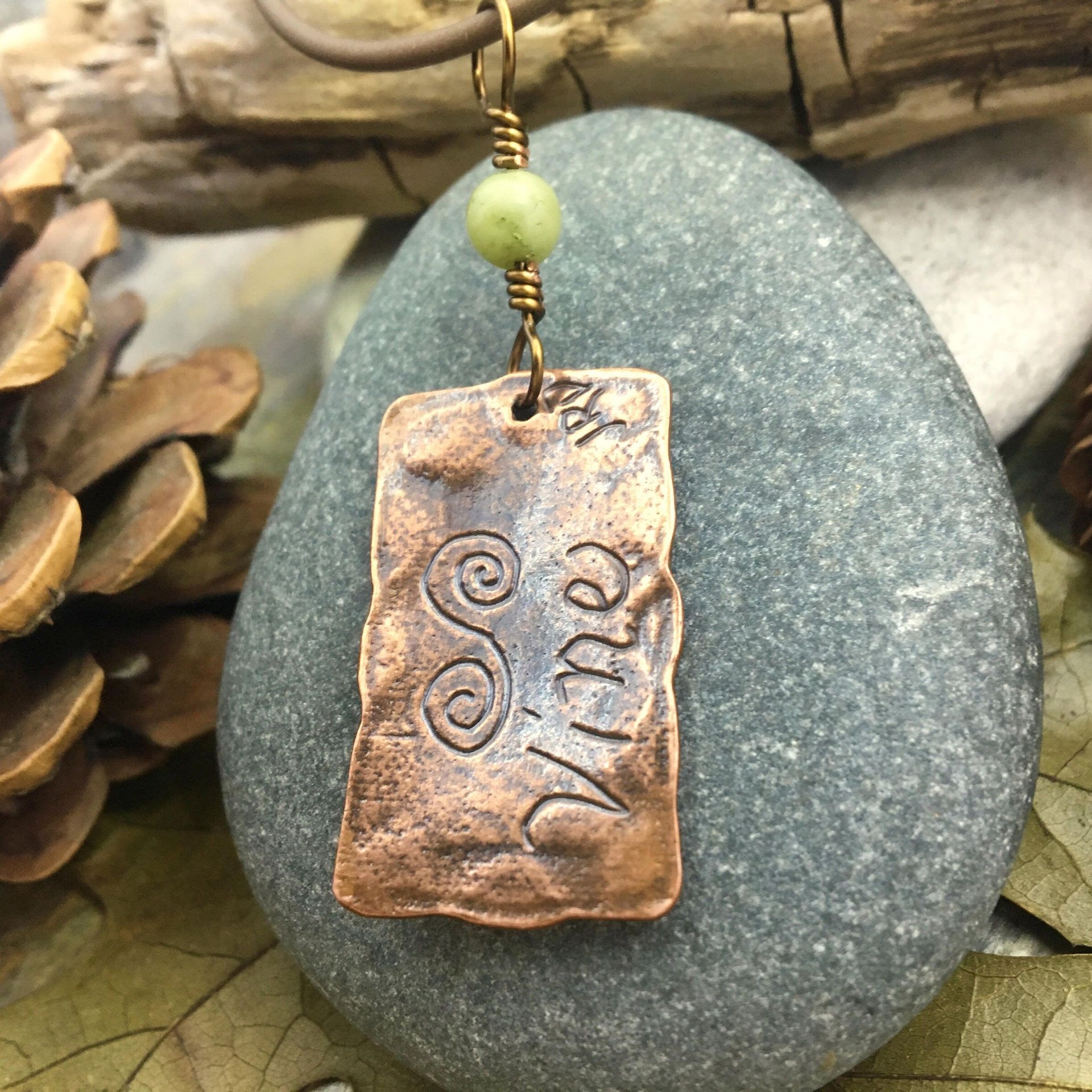 Vine Ogham Charm, Copper Pendant, Connemara Marble, Celtic Tree Astrology, Irish Celtic Spirals, Hand Carved, September 2 to September 29