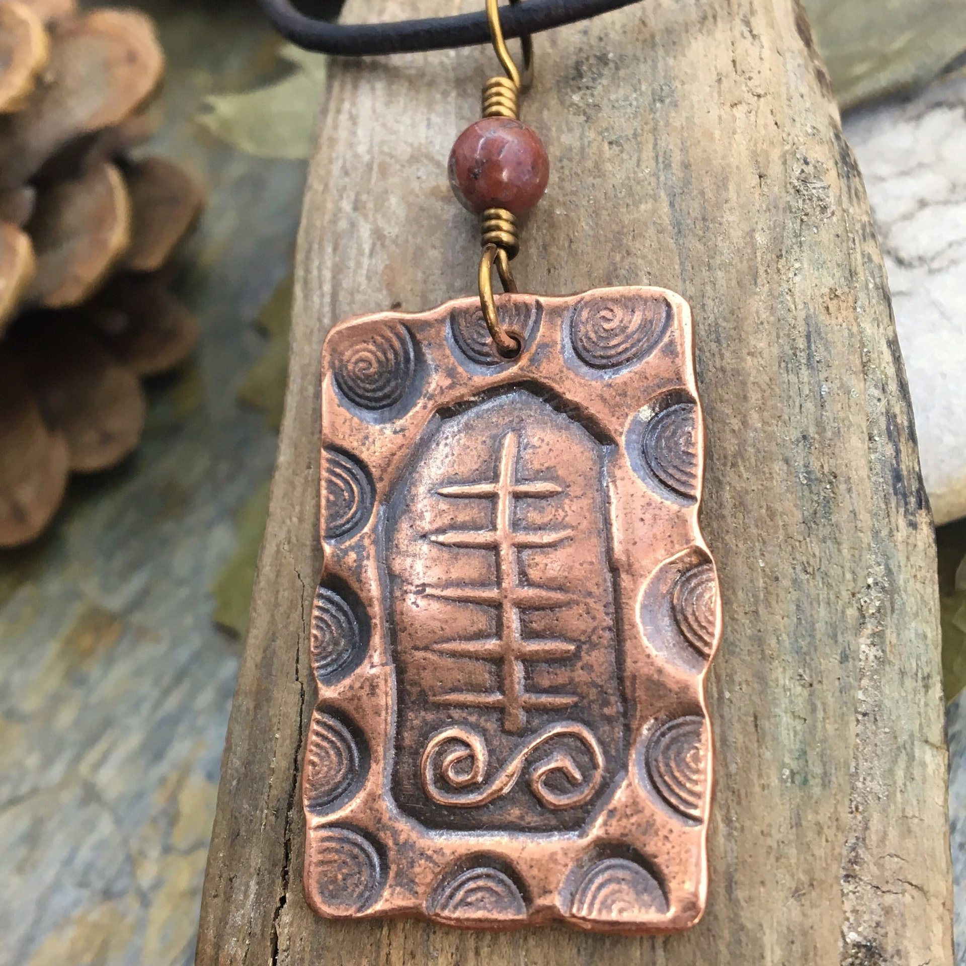 Yew Tree Ogham Charm, Copper Pendant, Connemara Marble, Hand Carved, Irish Celtic, Druid Trees, Leather & Vegan Cords, Handmade Art Jewelry