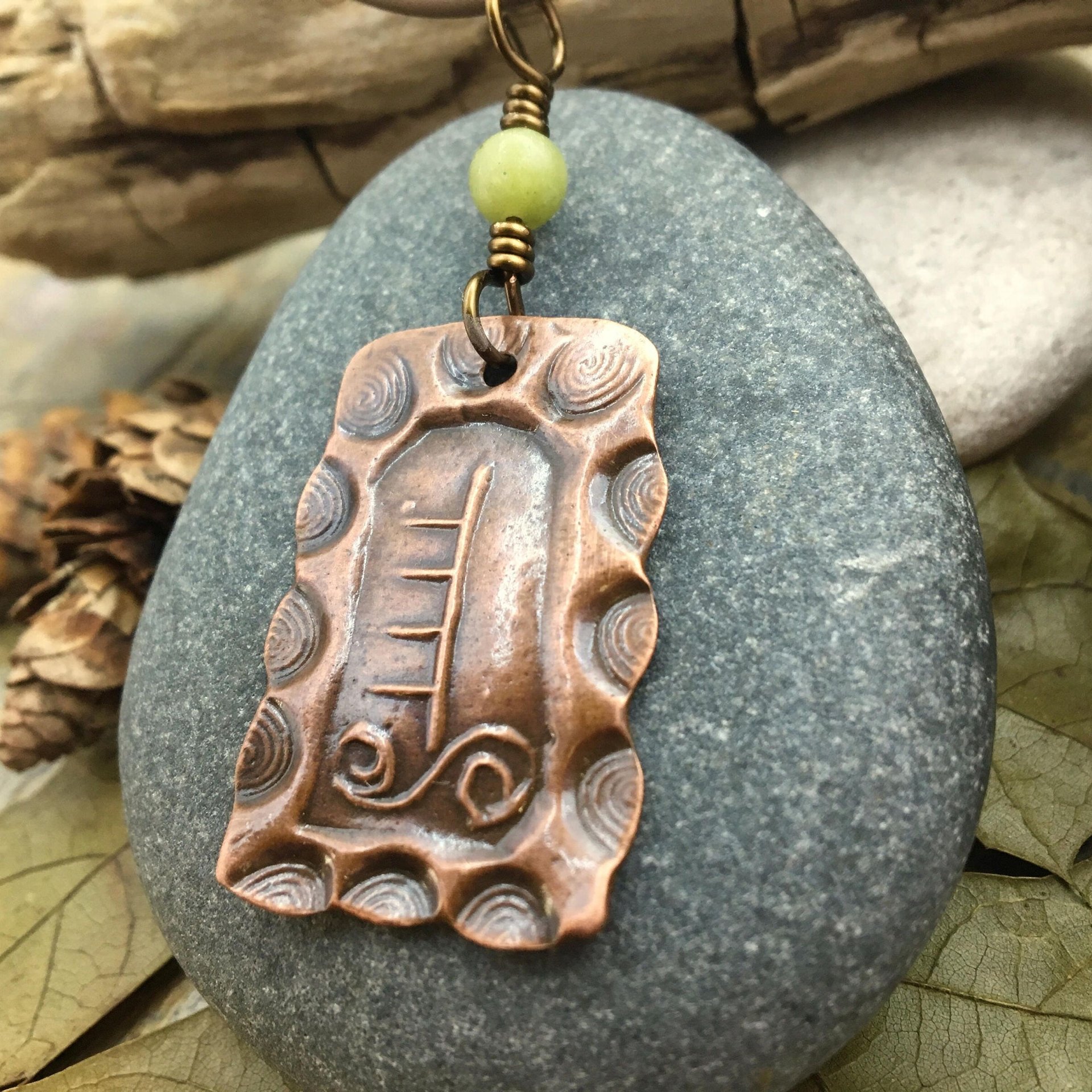 Hazel Tree Ogham Charm, Copper Pendant, Celtic Tree Astrology, Connemara Marble, Hand Carved, Spirals, Celtic Zodiac, August 5 – September 1