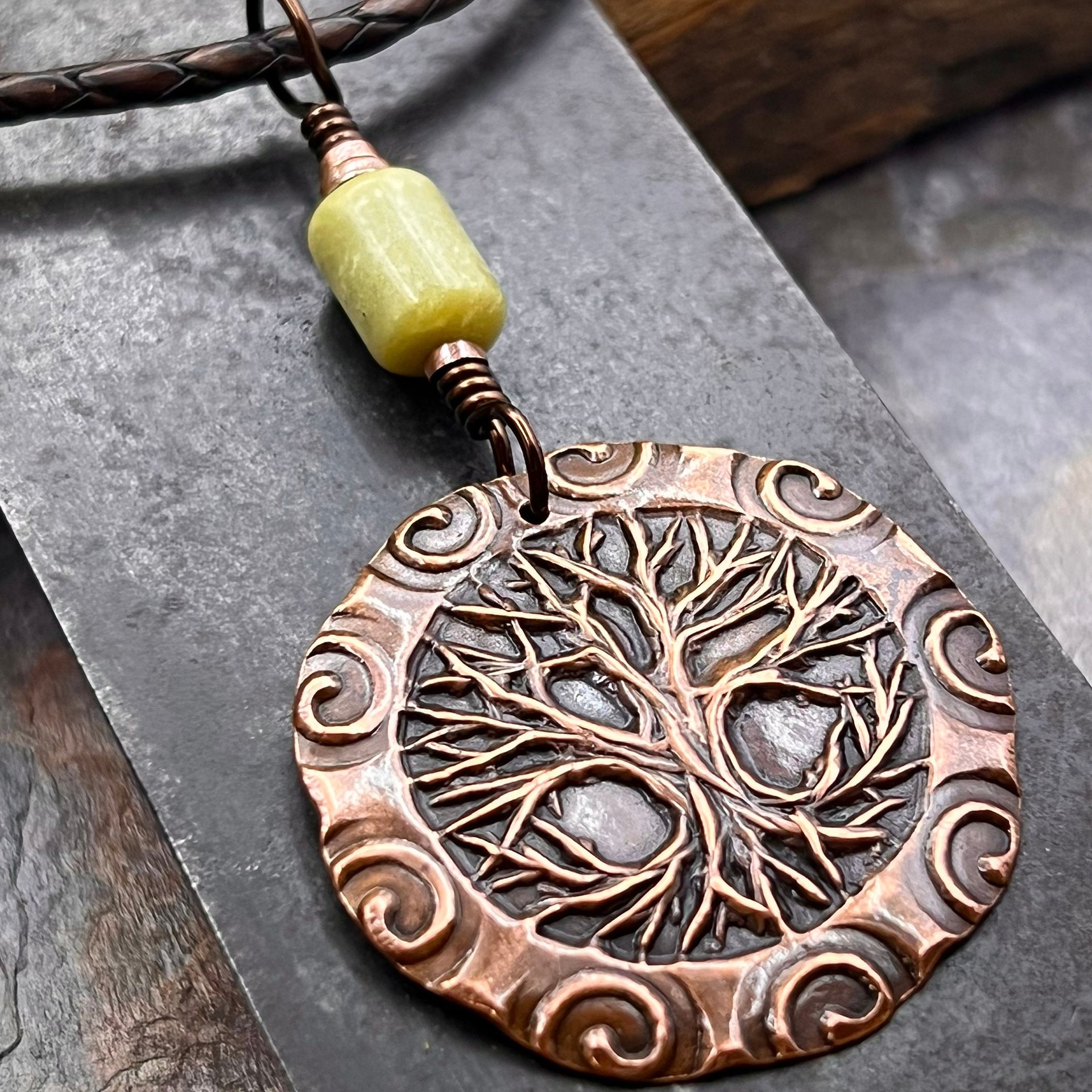 Celtic Tree of Life, Copper Pendant, Connemara Marble, Irish Celtic Spirals, Round Tree of Life, Crann Bethadh, Earthy Organic, Art Jewelry