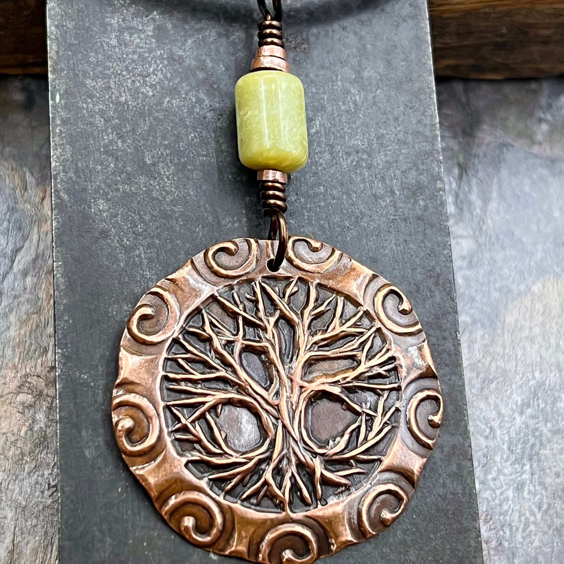Celtic Tree of Life, Copper Pendant, Connemara Marble, Irish Celtic Spirals, Round Tree of Life, Crann Bethadh, Earthy Organic, Art Jewelry