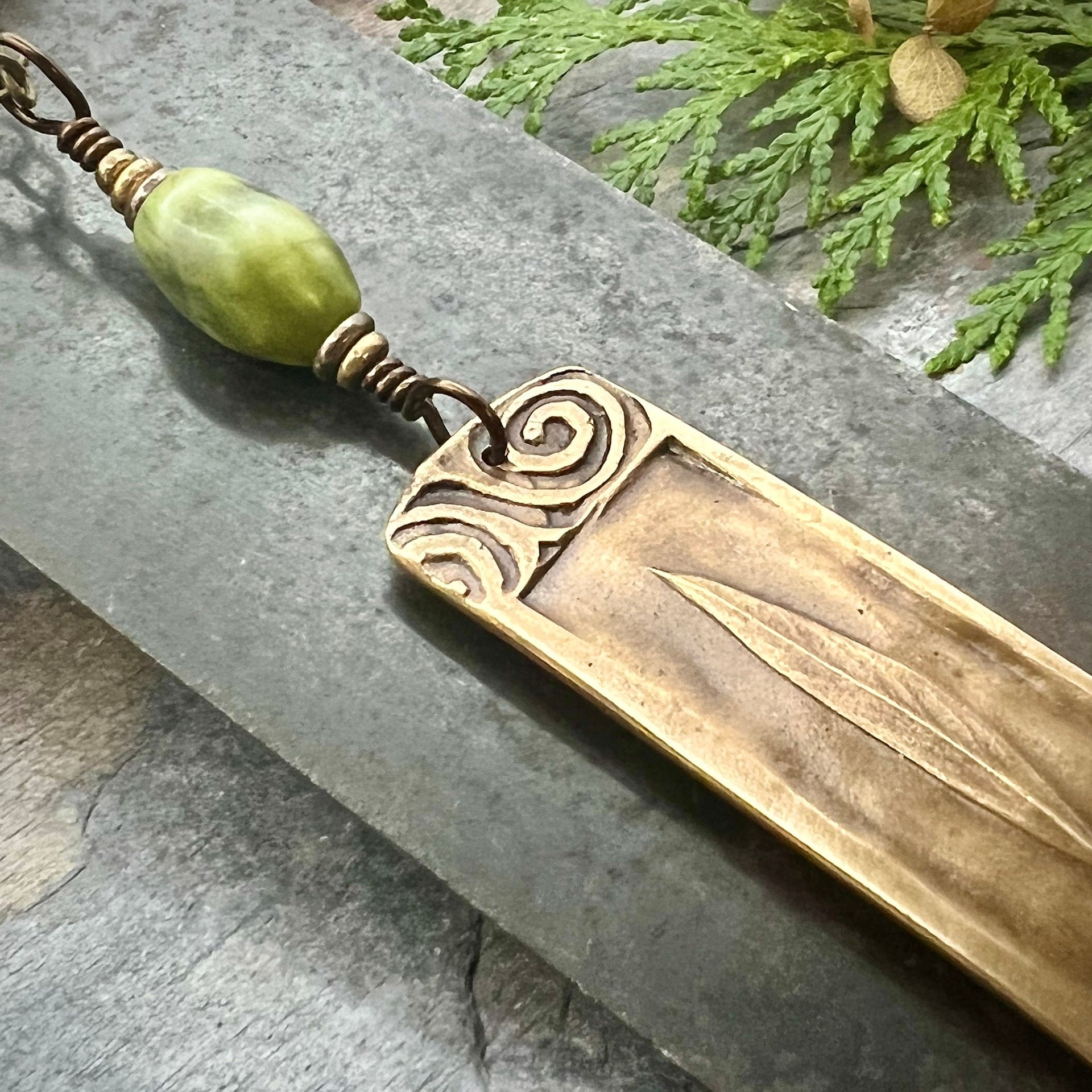 Willow Leaf Bronze Pendant, Connemara Marble Necklace, Irish Celtic Jewelry, Sacred Celtic Tree Astrology, Leather Vegan Cords, Green Witch