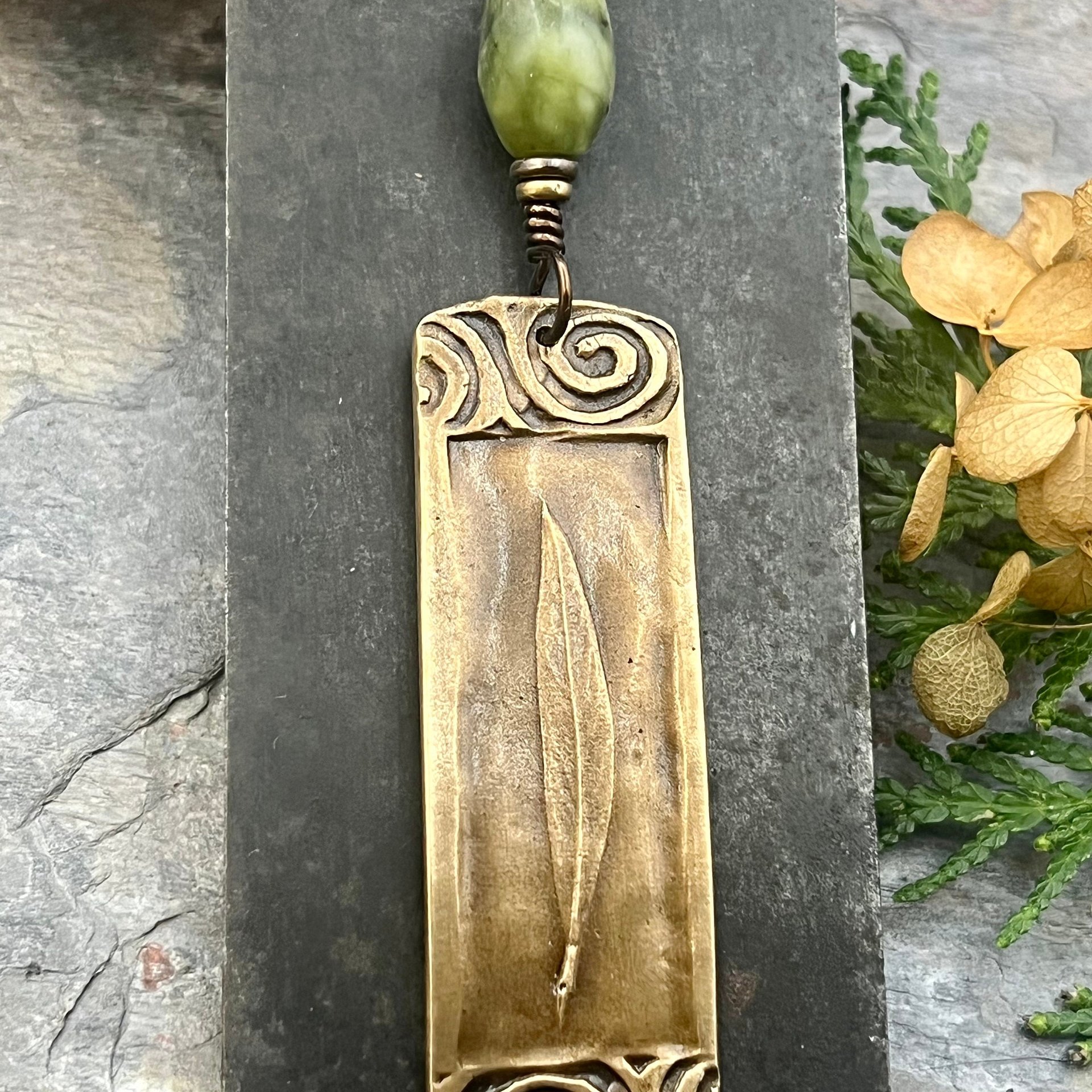 Willow Leaf Bronze Pendant, Connemara Marble Necklace, Irish Celtic Jewelry, Sacred Celtic Tree Astrology, Leather Vegan Cords, Green Witch