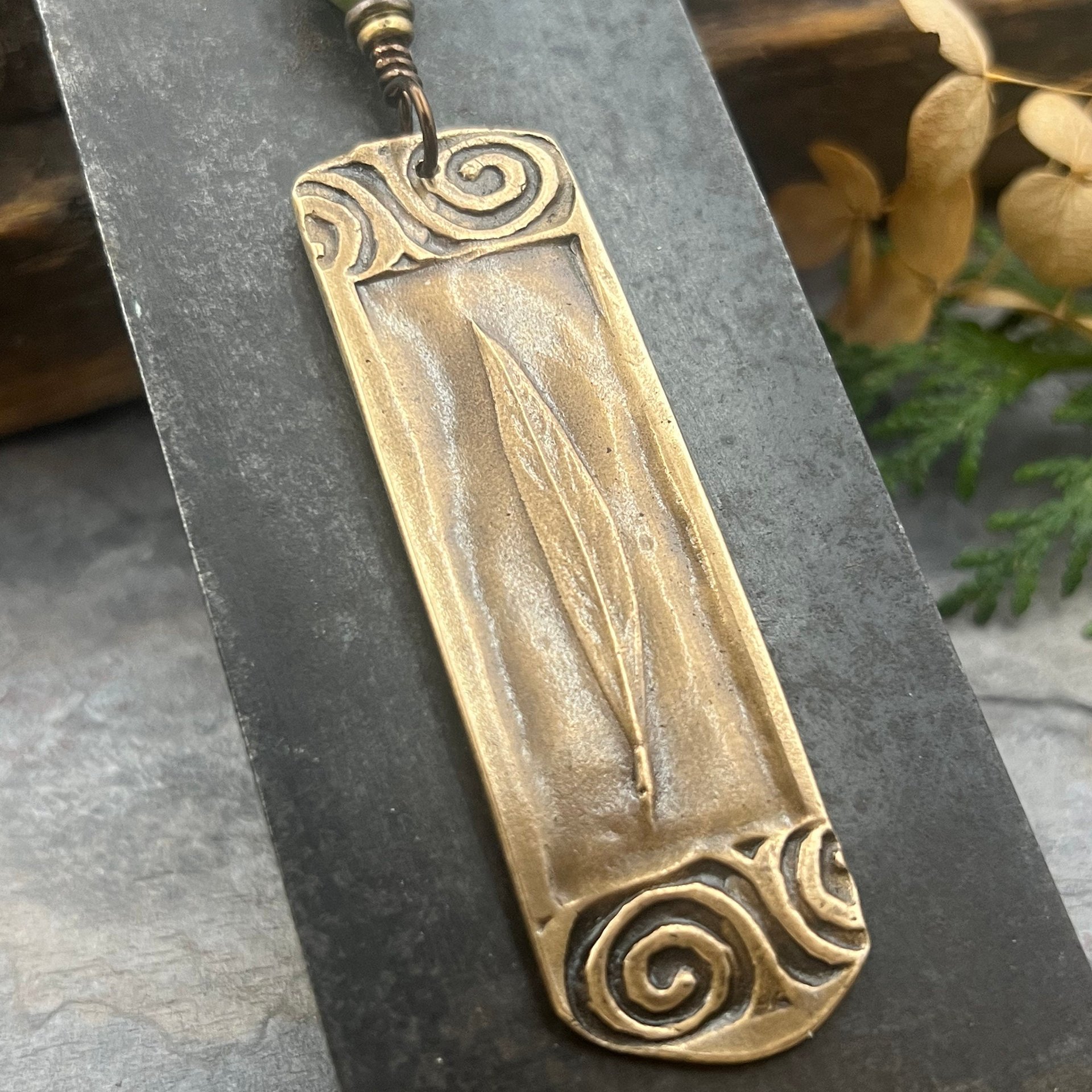 Willow Leaf Bronze Pendant, Connemara Marble Necklace, Irish Celtic Jewelry, Sacred Celtic Tree Astrology, Leather Vegan Cords, Green Witch