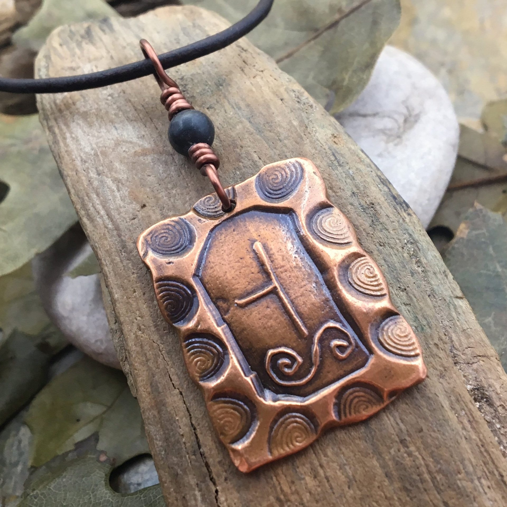 Hawthorn Tree Ogham Charm, Copper Pendant, Connemara Marble, Celtic Tree Astrology, Hand Carved Art, Irish Gaelic Spirals, May 13 – June 9