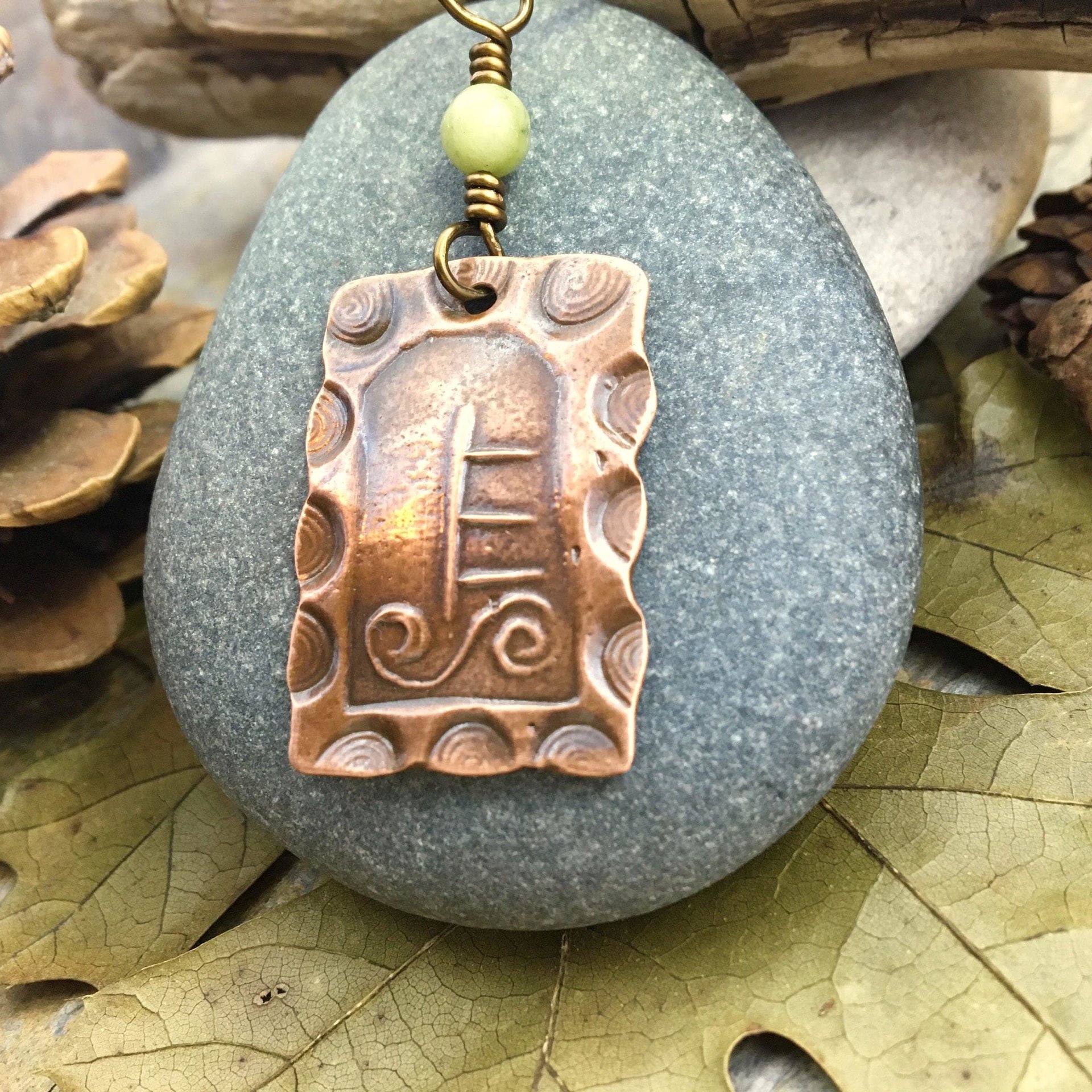 Alder Tree Ogham Charm, Copper Pendant, Connemara Marble, Celtic Tree Astrology, Irish Gaelic, Hand Carved, Birth Sign, March 18 – April 14