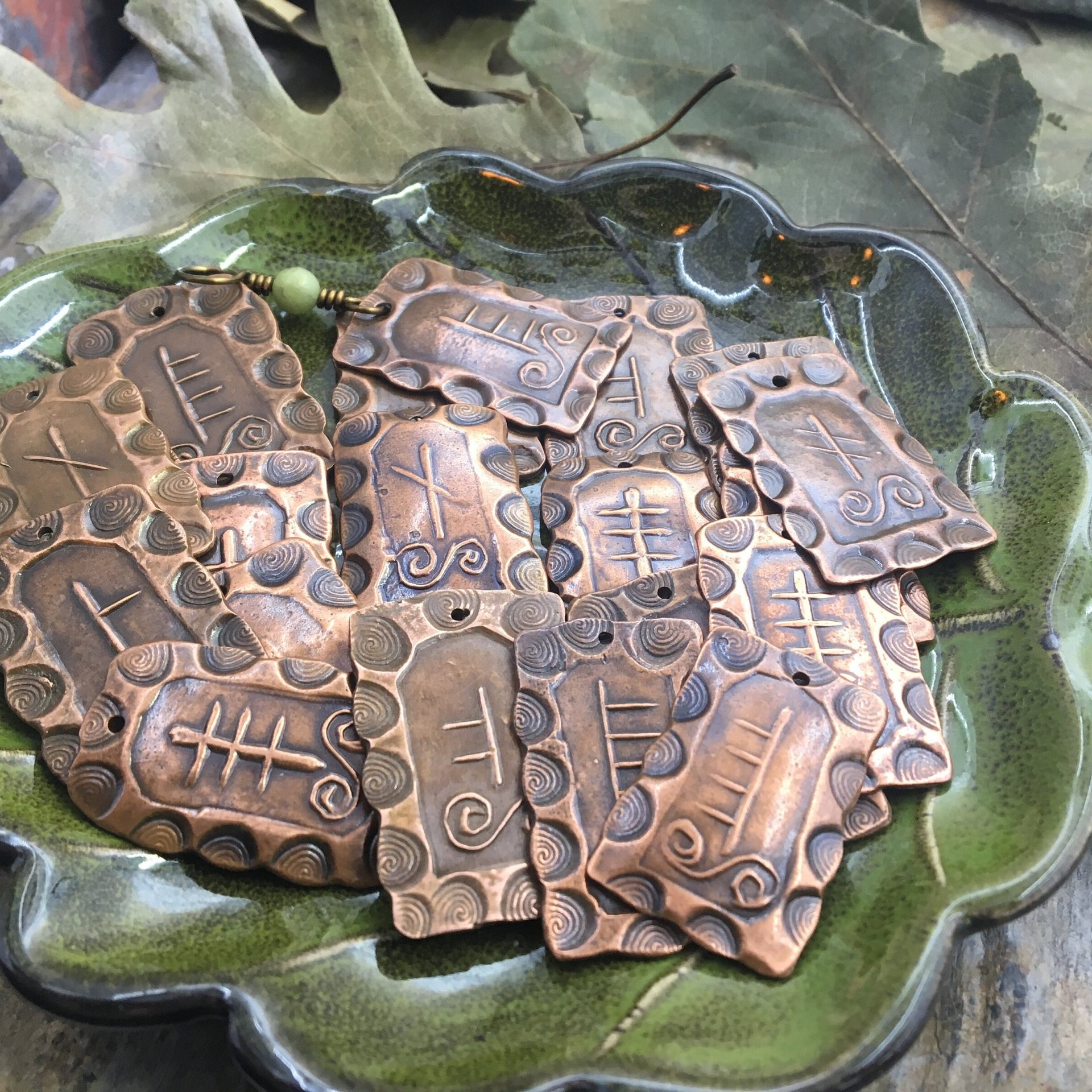 Willow Tree Ogham Charm, Copper Pendant, Celtic Tree Astrology, Connemara Marble, Hand Carved Art, Irish Gaelic, Spirals,  April 15 – May 12