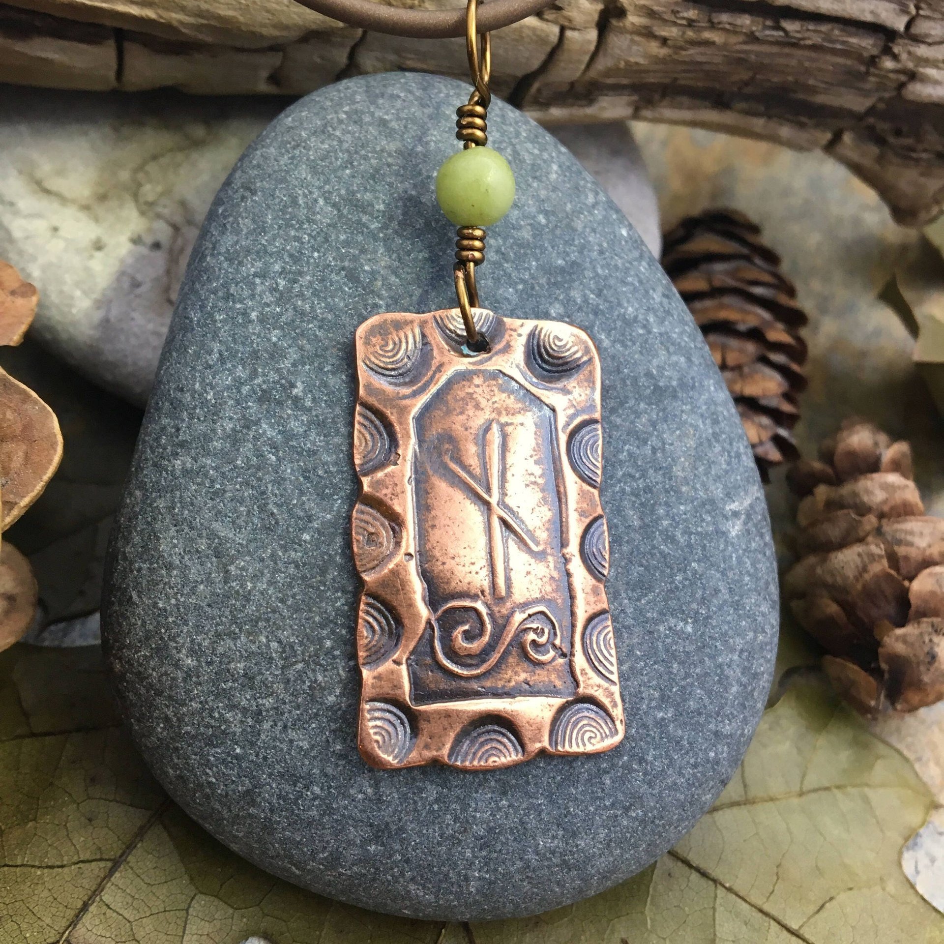 Vine Ogham Charm, Copper Pendant, Connemara Marble, Celtic Tree Astrology, Irish Celtic Spirals, Hand Carved, September 2 to September 29