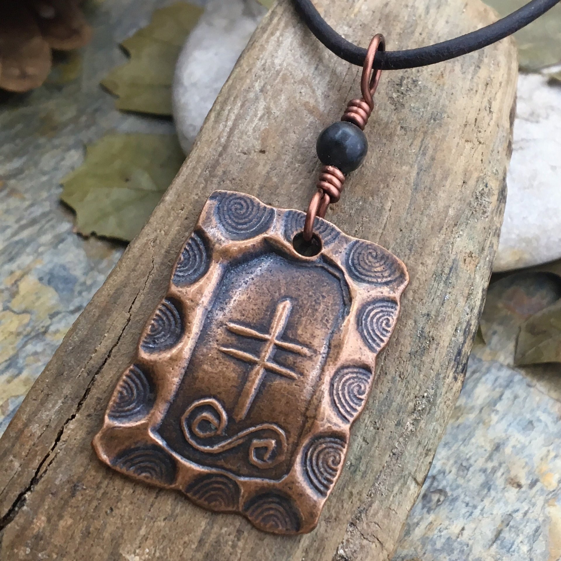 Gorse Tree Ogham Charm, Copper Pendant, Connemara Marble, Irish Celtic Spirals, Ogham Trees, Marble of Ireland, Leather & Vegan Cords, Pagan