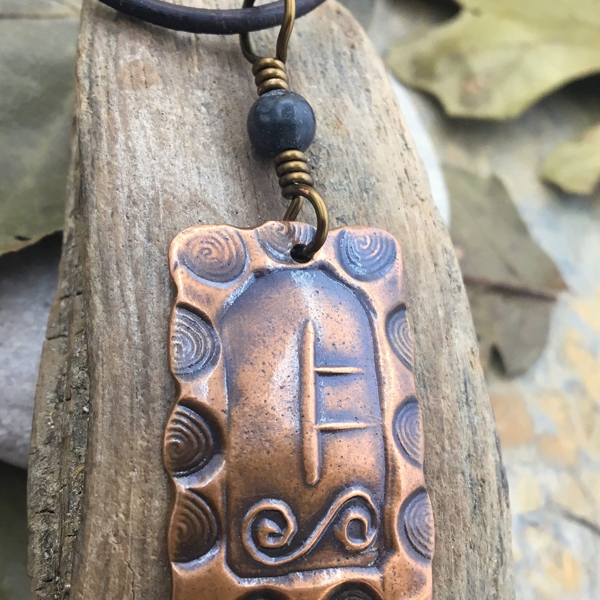 Rowan Tree Ogham Charm, Copper Pendant, Connemara Marble, Hand Carved Ogham, Irish Celtic Spirals, Handmade Art, January 21 to February 17