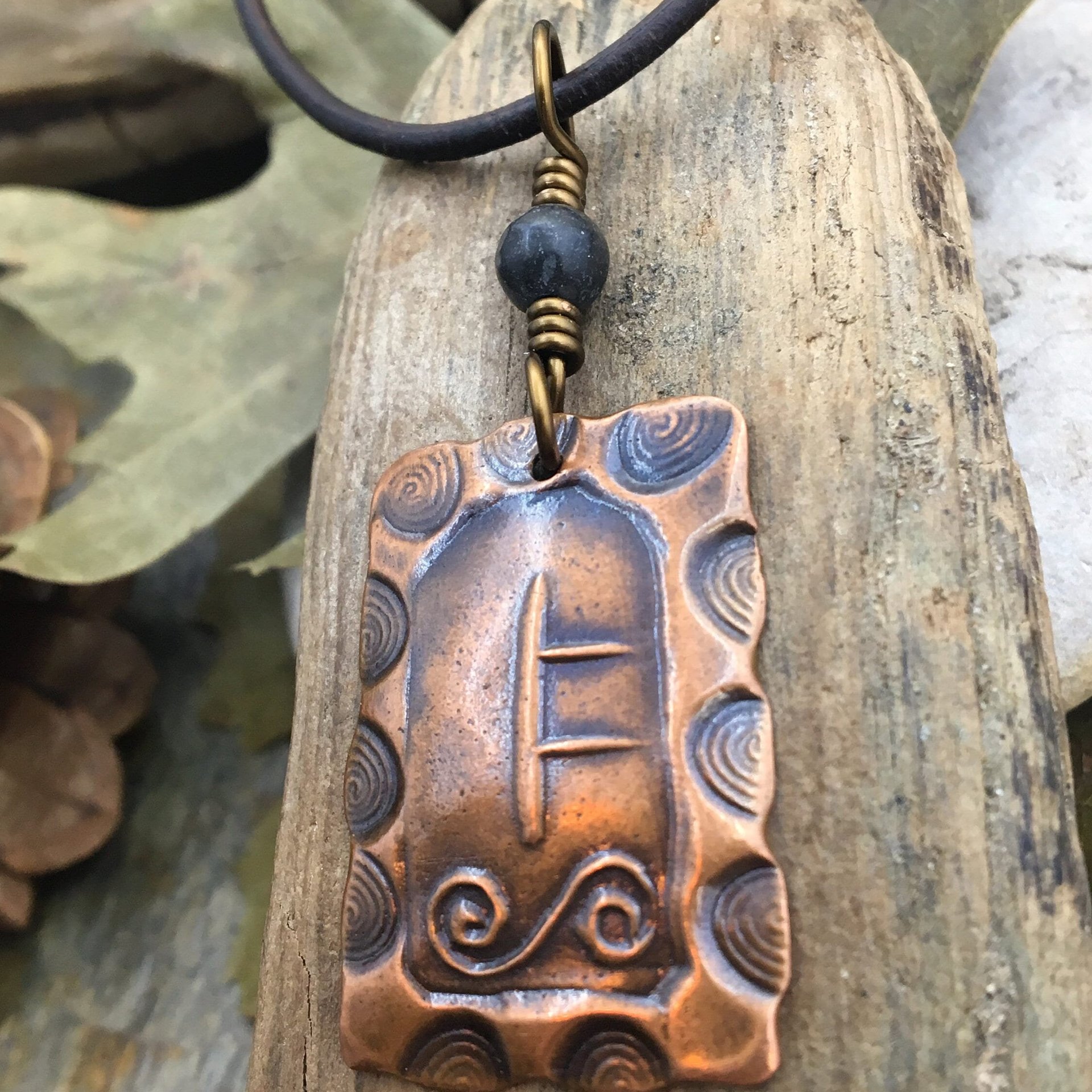 Rowan Tree Ogham Charm, Copper Pendant, Connemara Marble, Hand Carved Ogham, Irish Celtic Spirals, Handmade Art, January 21 to February 17