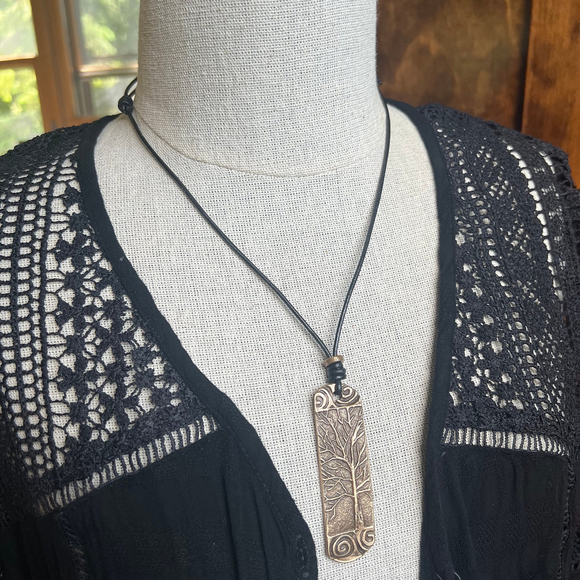 Tree of Life Bronze Pendant, Irish Celtic Jewelry, Long Tree Necklace, Celtic Spirals, Sliding Knot Leather Cord, Hand Carved Designs