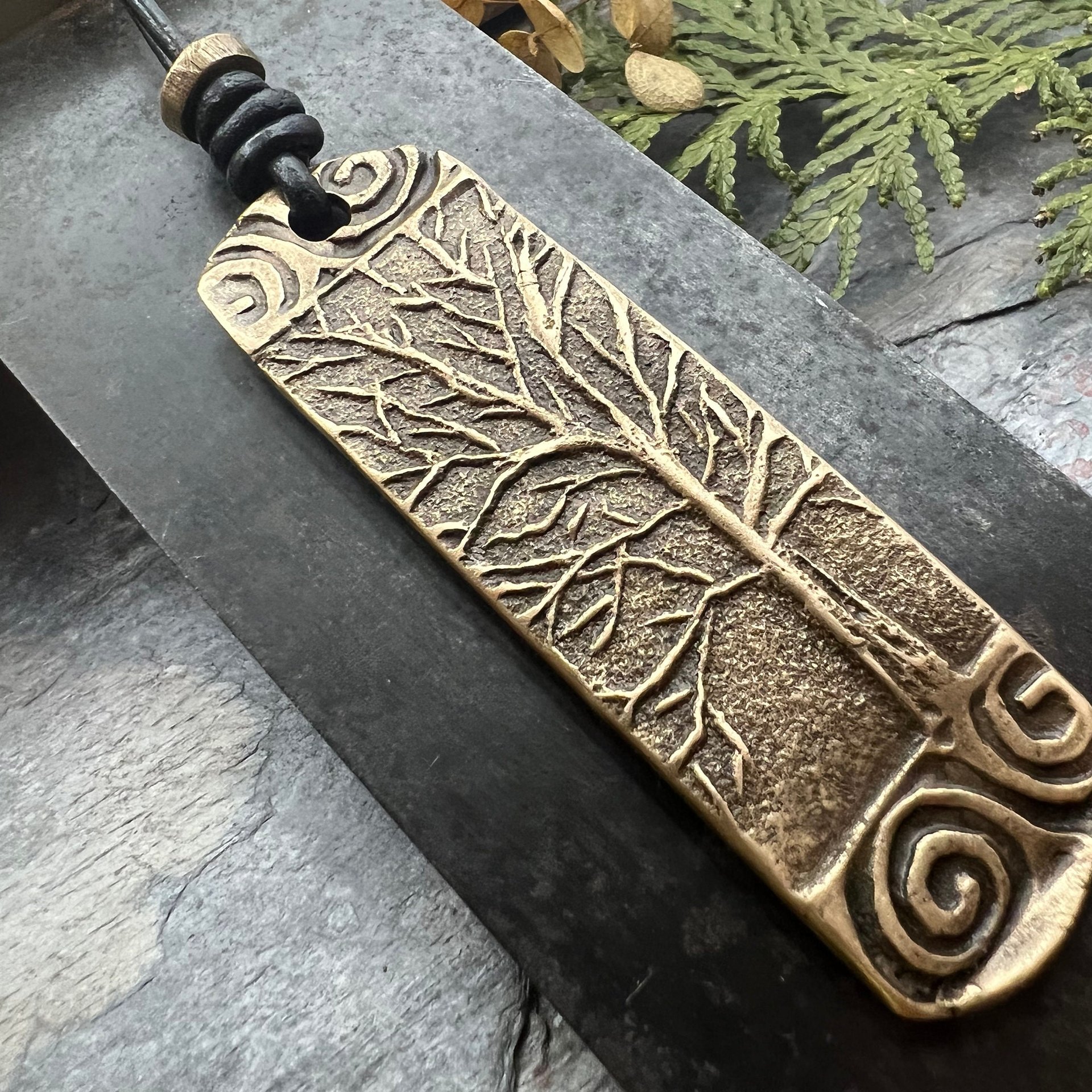 Tree of Life Bronze Pendant, Irish Celtic Jewelry, Long Tree Necklace, Celtic Spirals, Sliding Knot Leather Cord, Hand Carved Designs