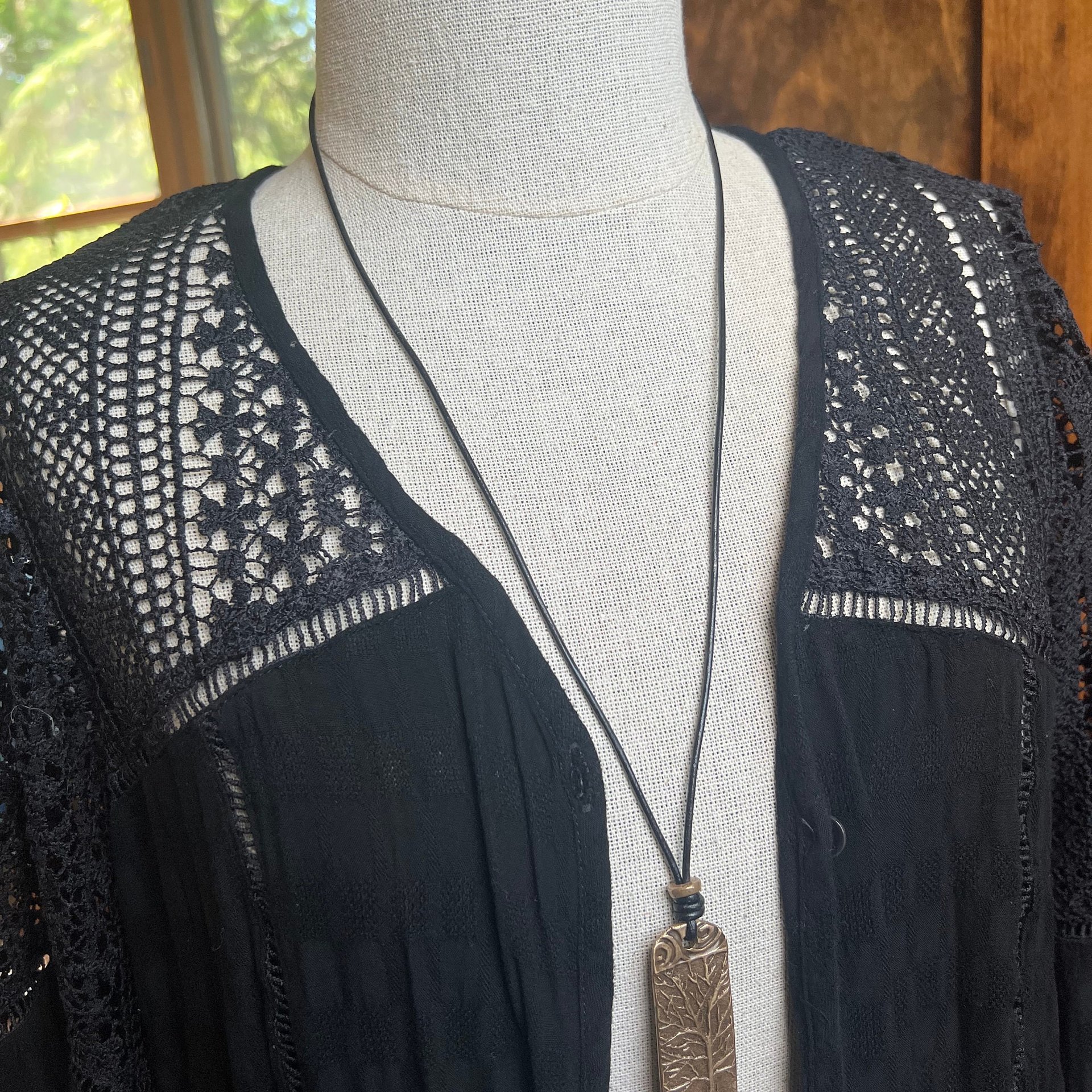 Tree of Life Bronze Pendant, Irish Celtic Jewelry, Long Tree Necklace, Celtic Spirals, Sliding Knot Leather Cord, Hand Carved Designs