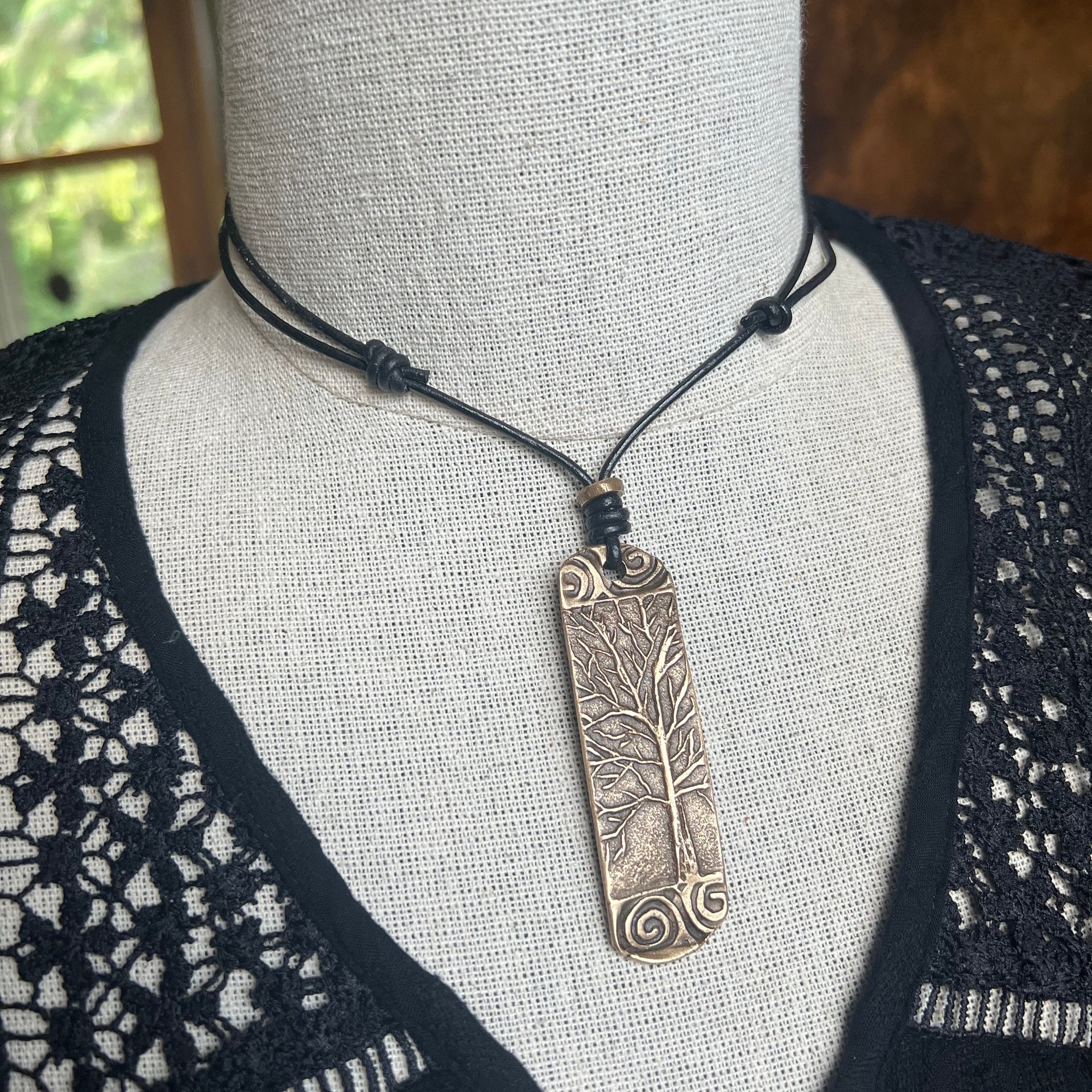 Tree of Life Bronze Pendant, Irish Celtic Jewelry, Long Tree Necklace, Celtic Spirals, Sliding Knot Leather Cord, Hand Carved Designs