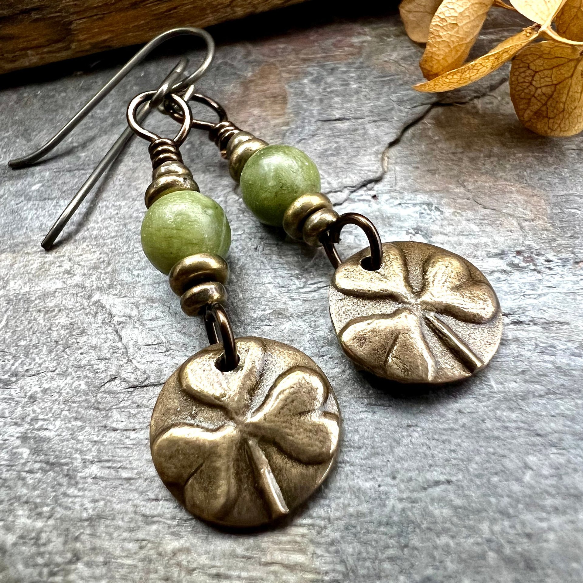 Shamrock Bronze Earrings, Irish Clovers, Connemara Marble, Irish Shamrock, Irish Celtic Jewelry, St Patrick's Day, Bronze Anniversary
