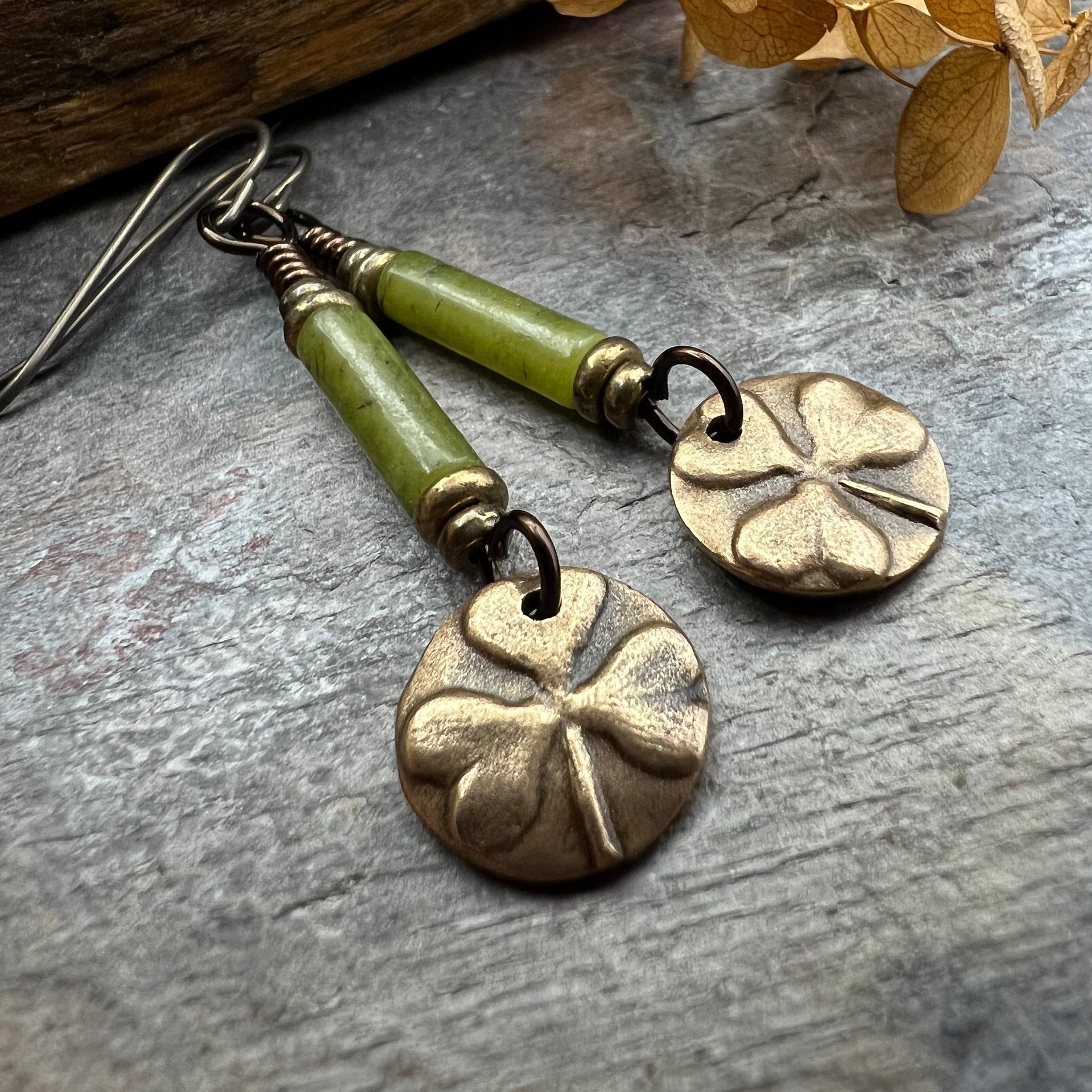Shamrock Bronze Earrings, Irish Clovers, Connemara Marble, Irish Shamrock, Irish Celtic Jewelry, St Patrick's Day, Bronze Anniversary