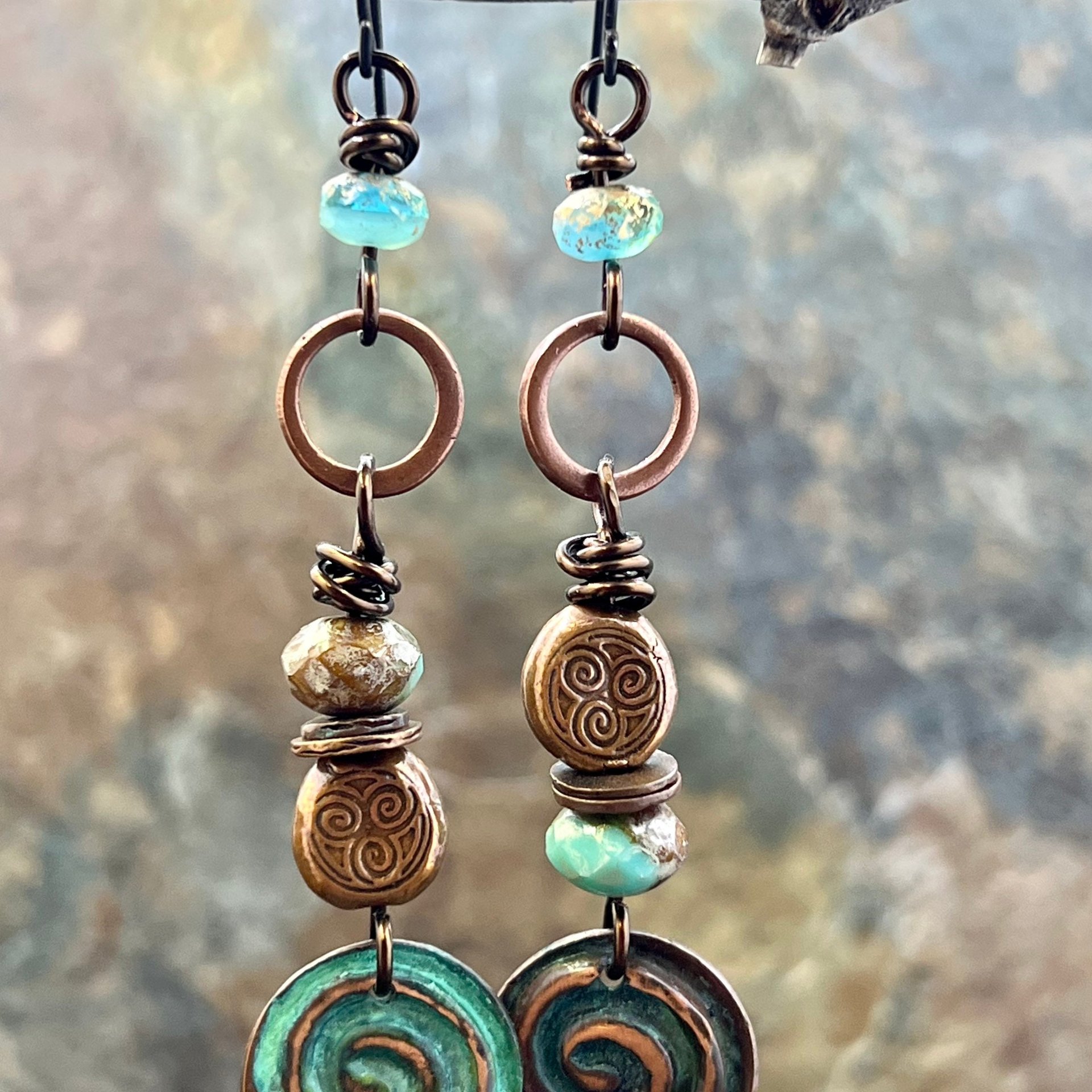 Copper Patina Spiral Earrings, Stacked Cairns, Spiral Beads, Czech Glass Beads, Hypoallergenic Ear Wires, Earthy, Arty Mismatched Earrings